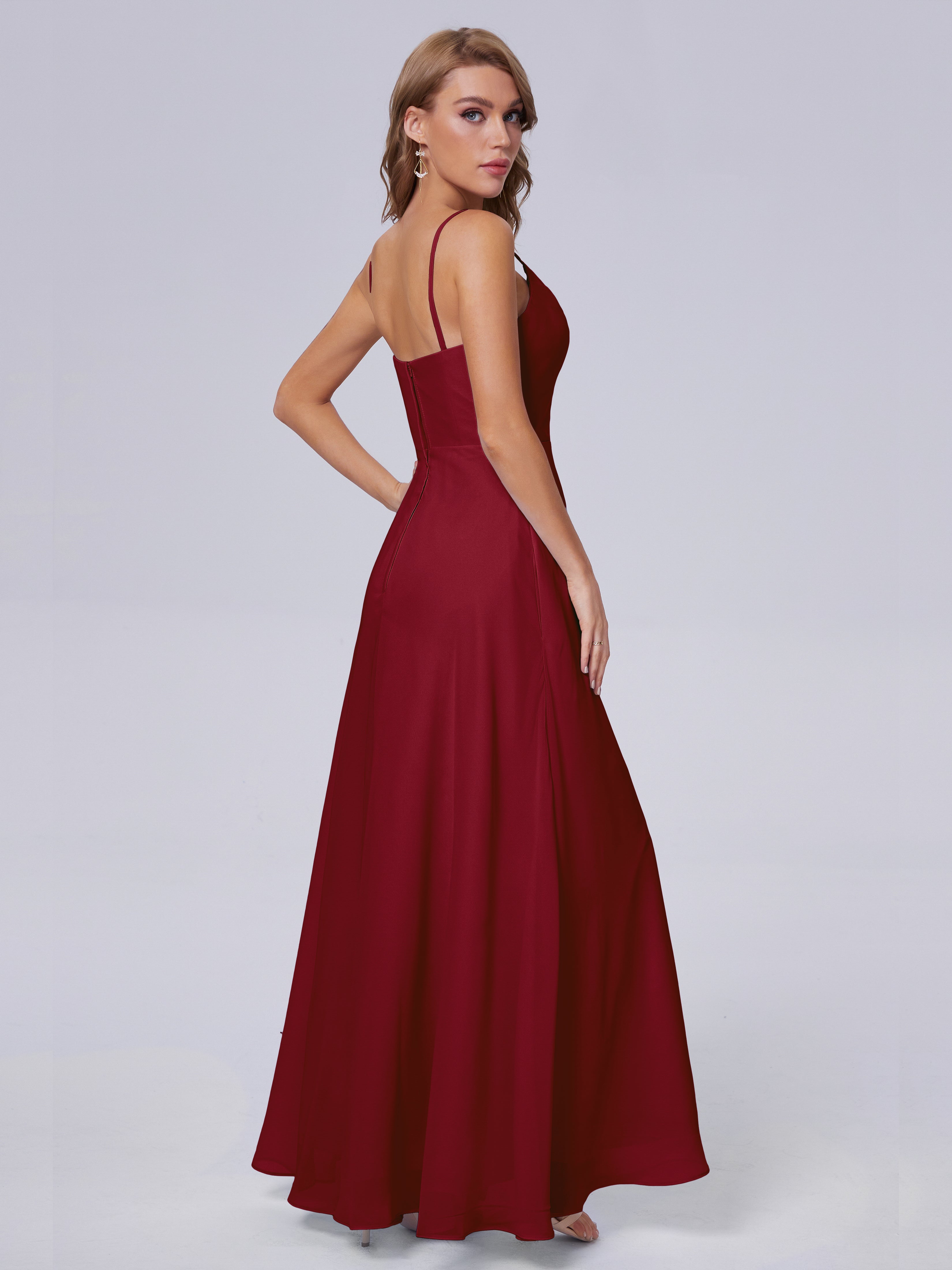 Robes De Demoiselle D'Honneur Bordeaux Longues Reese Mignonne Bretelles Spaghetti Mousseline Robes Demoiselle D'Honneur