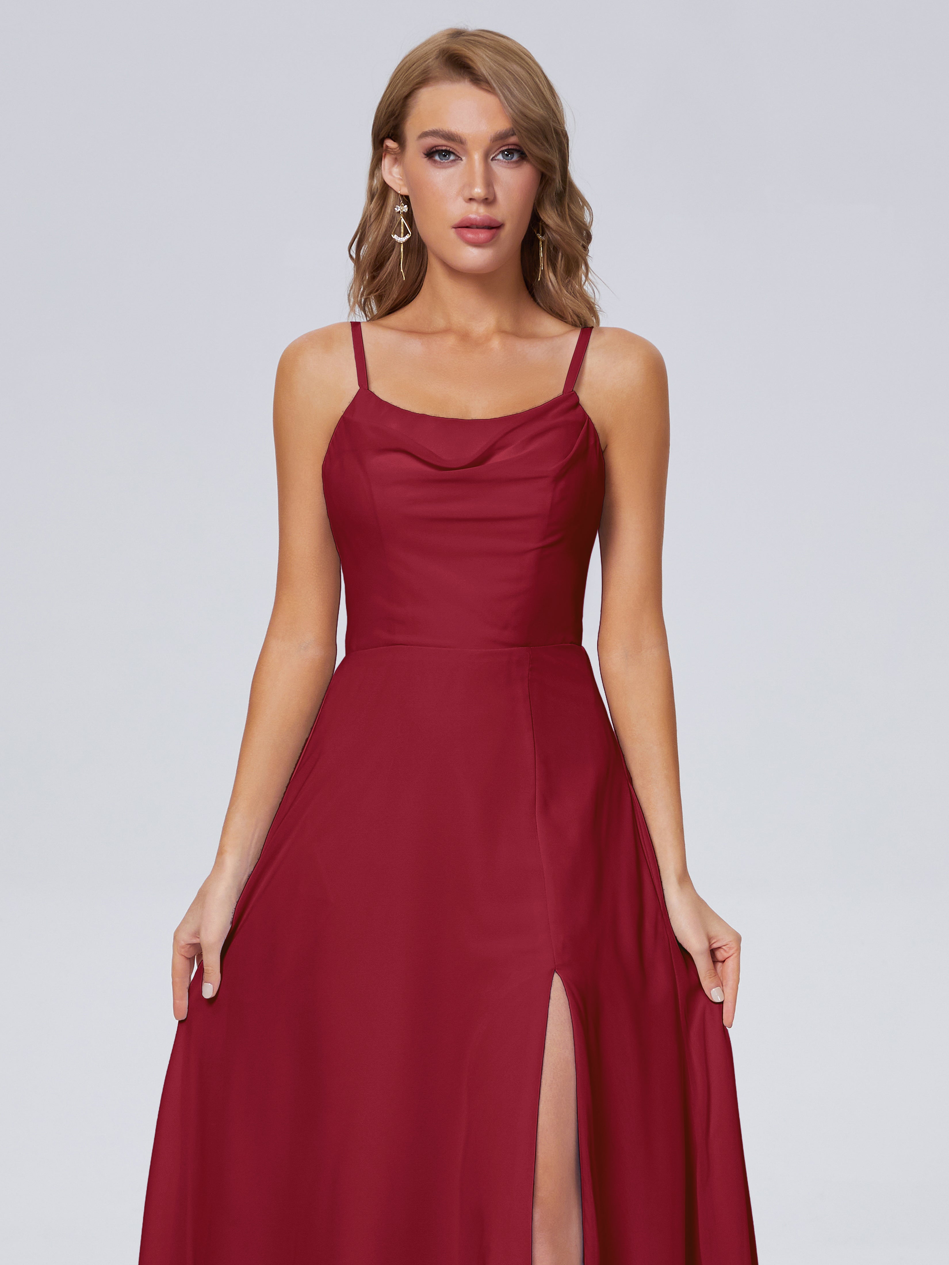 Robes De Demoiselle D'Honneur Bordeaux Longues Reese Mignonne Bretelles Spaghetti Mousseline Robes Demoiselle D'Honneur