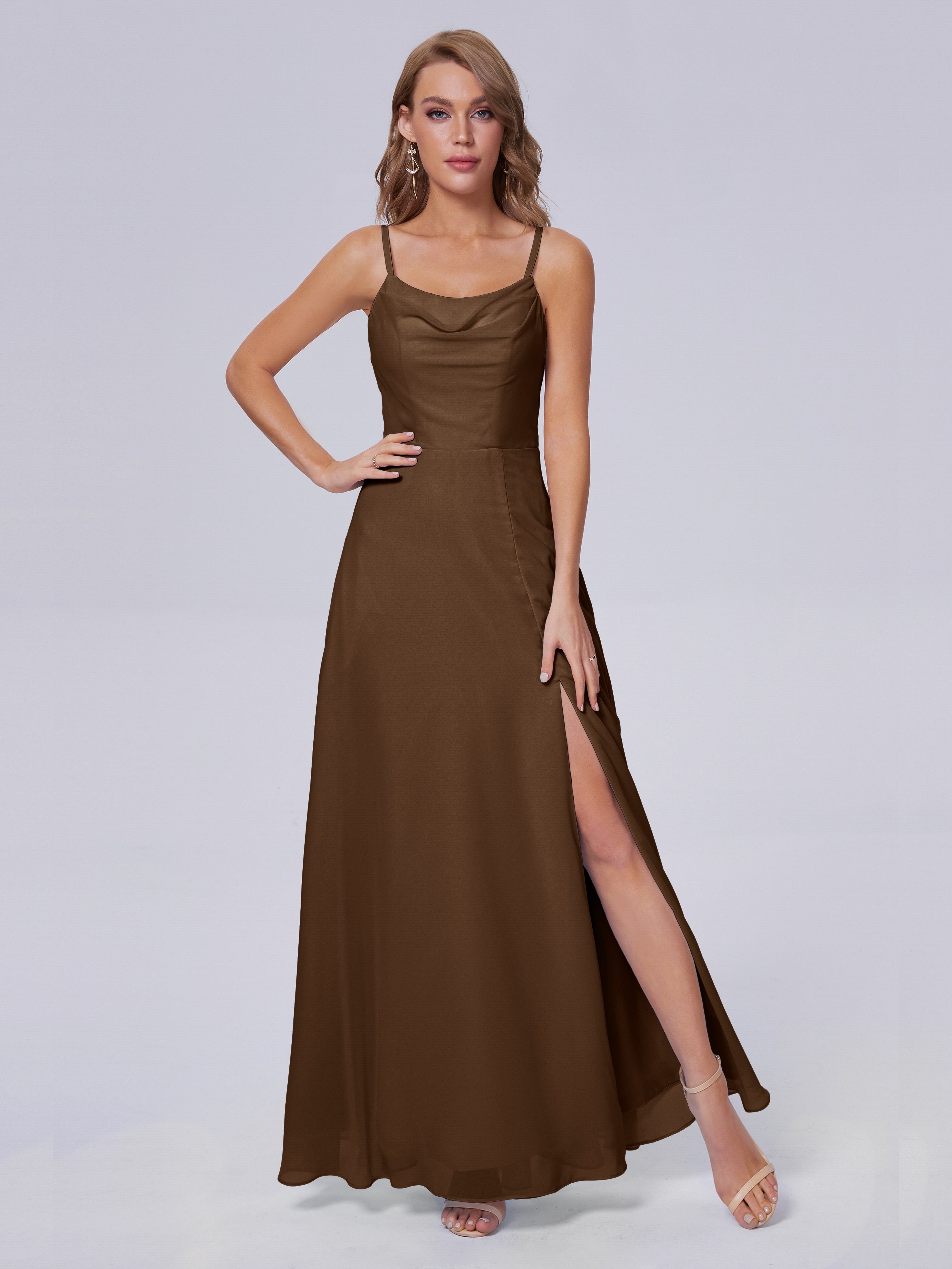 Robe Demoiselle D Honneur Brun Reese Mignonne Bretelles Spaghetti Mousseline Robes Demoiselle D'Honneur