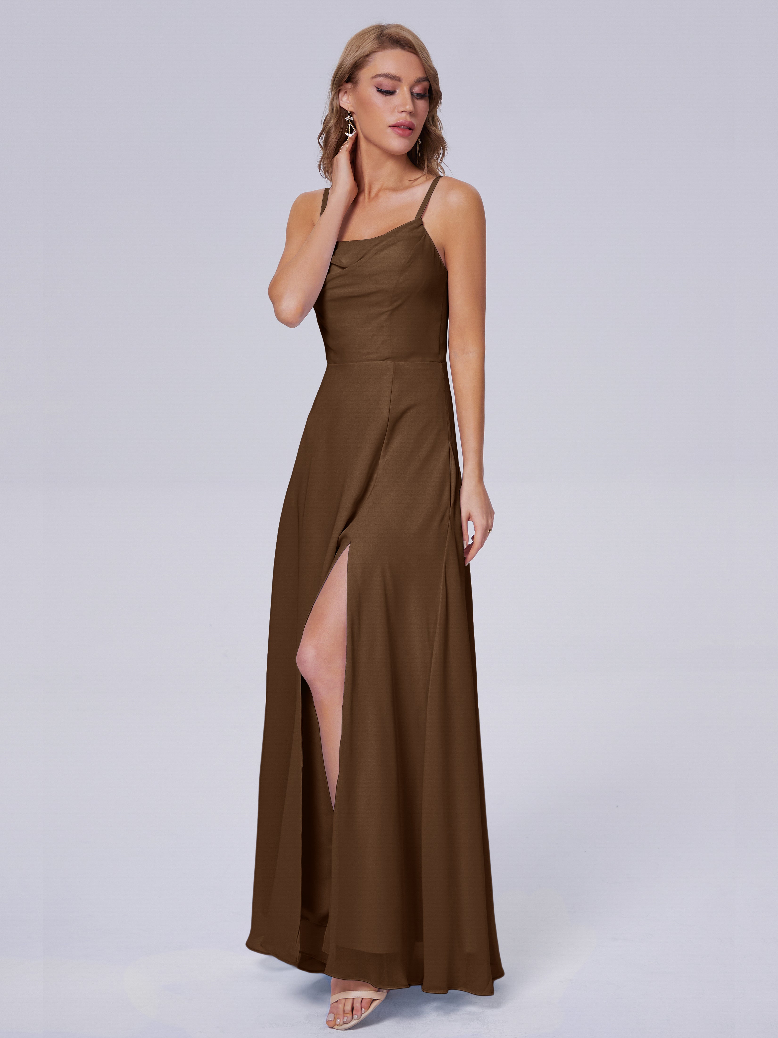 Robe Demoiselle D Honneur Brun Reese Mignonne Bretelles Spaghetti Mousseline Robes Demoiselle D'Honneur