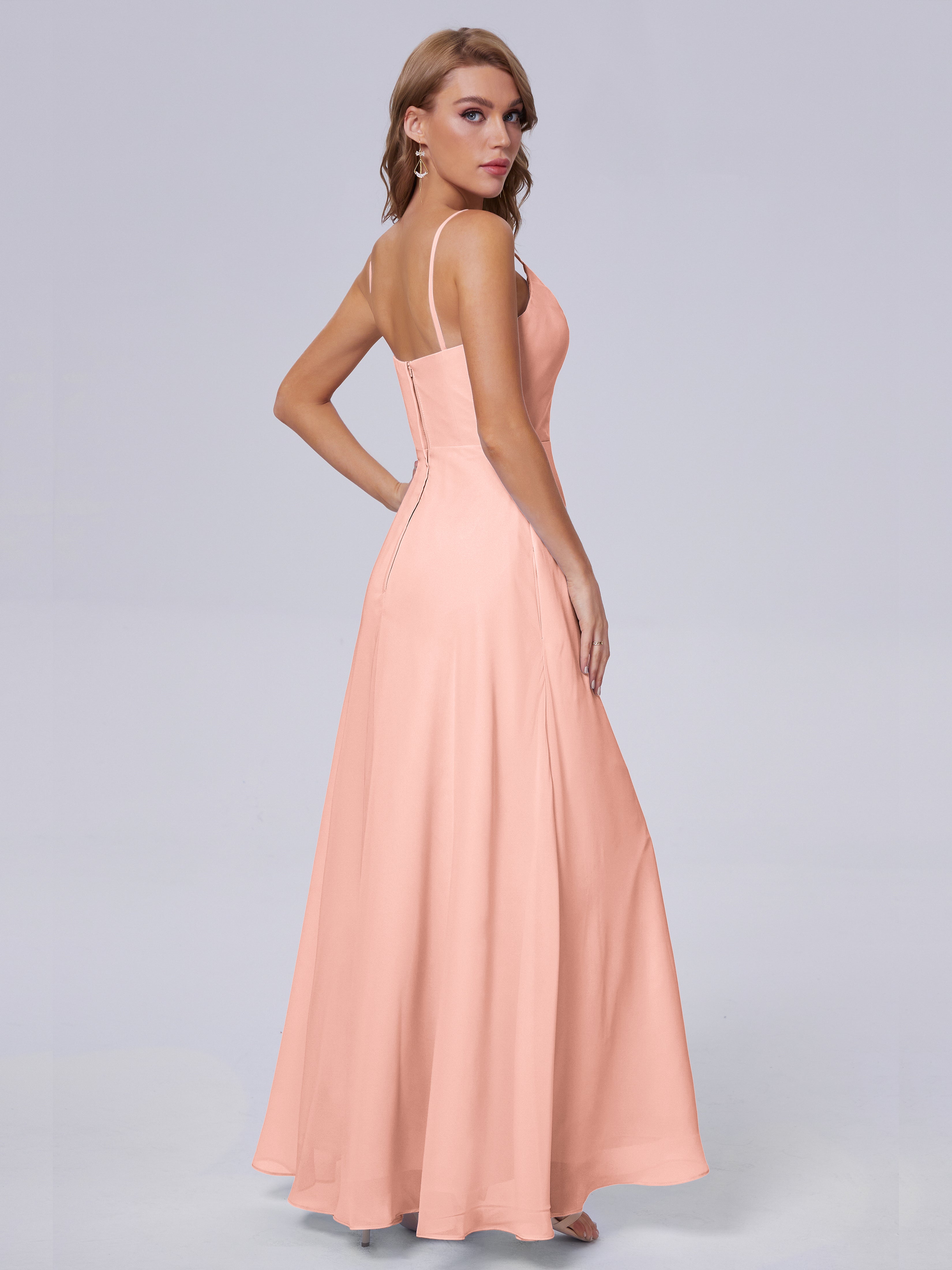 Corail Robe Demoiselle D Honneur Reese Mignonne Bretelles Spaghetti Mousseline Robes Demoiselle D'Honneur
