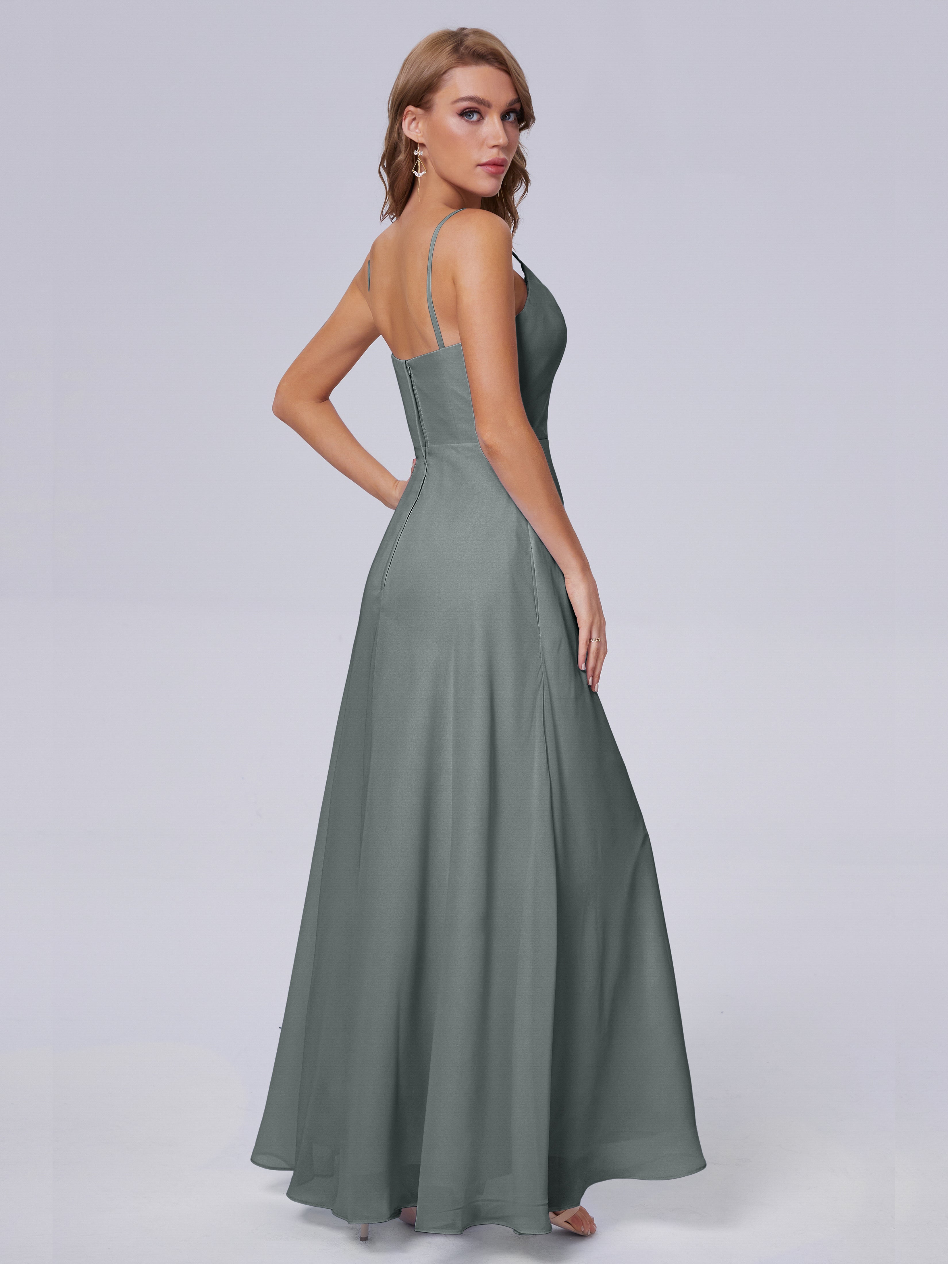 Demoiselle D Honneur Gris Reese Mignonne Bretelles Spaghetti Mousseline Robes Demoiselle D'Honneur