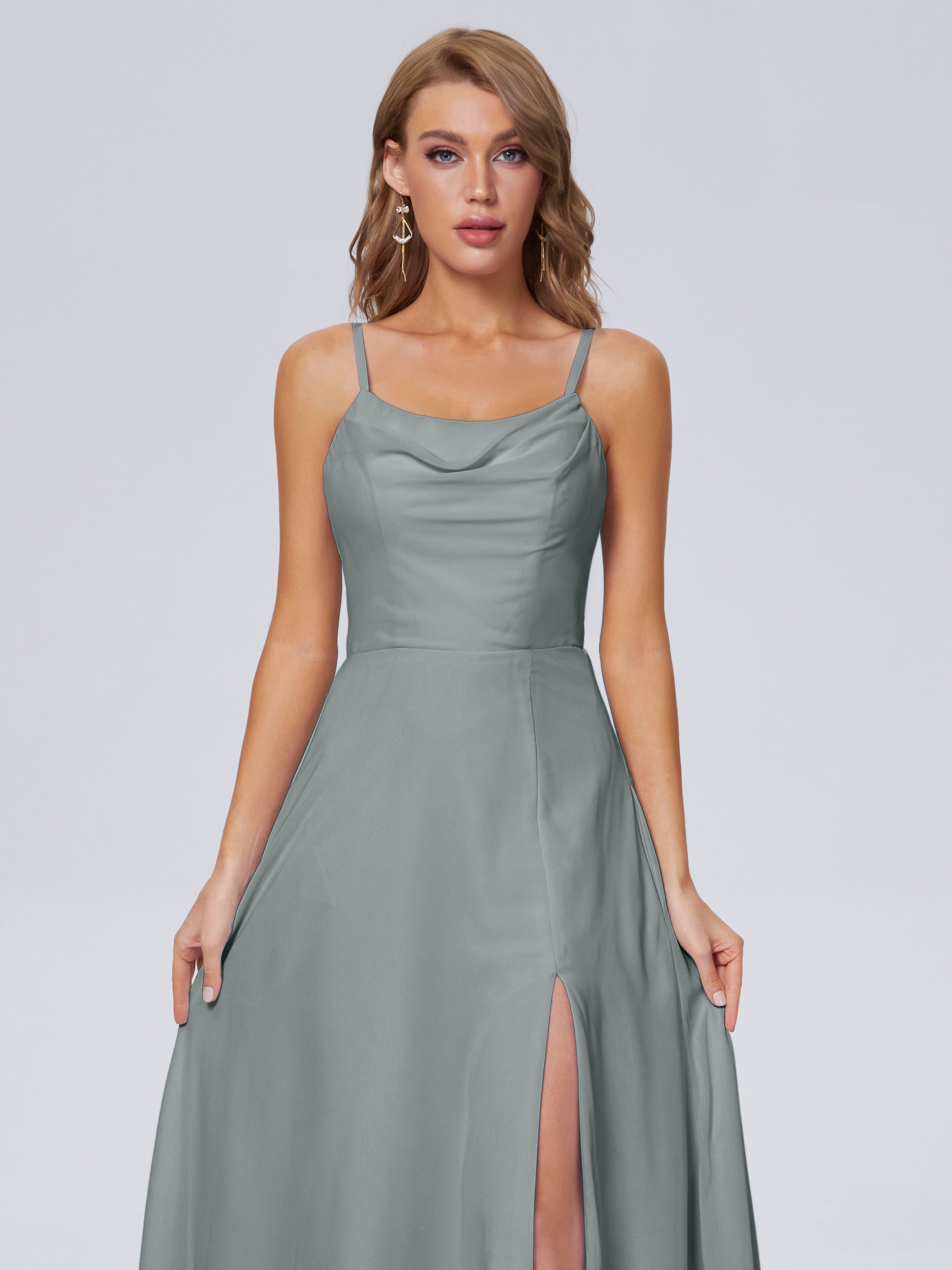 Demoiselle D Honneur Gris Reese Mignonne Bretelles Spaghetti Mousseline Robes Demoiselle D'Honneur