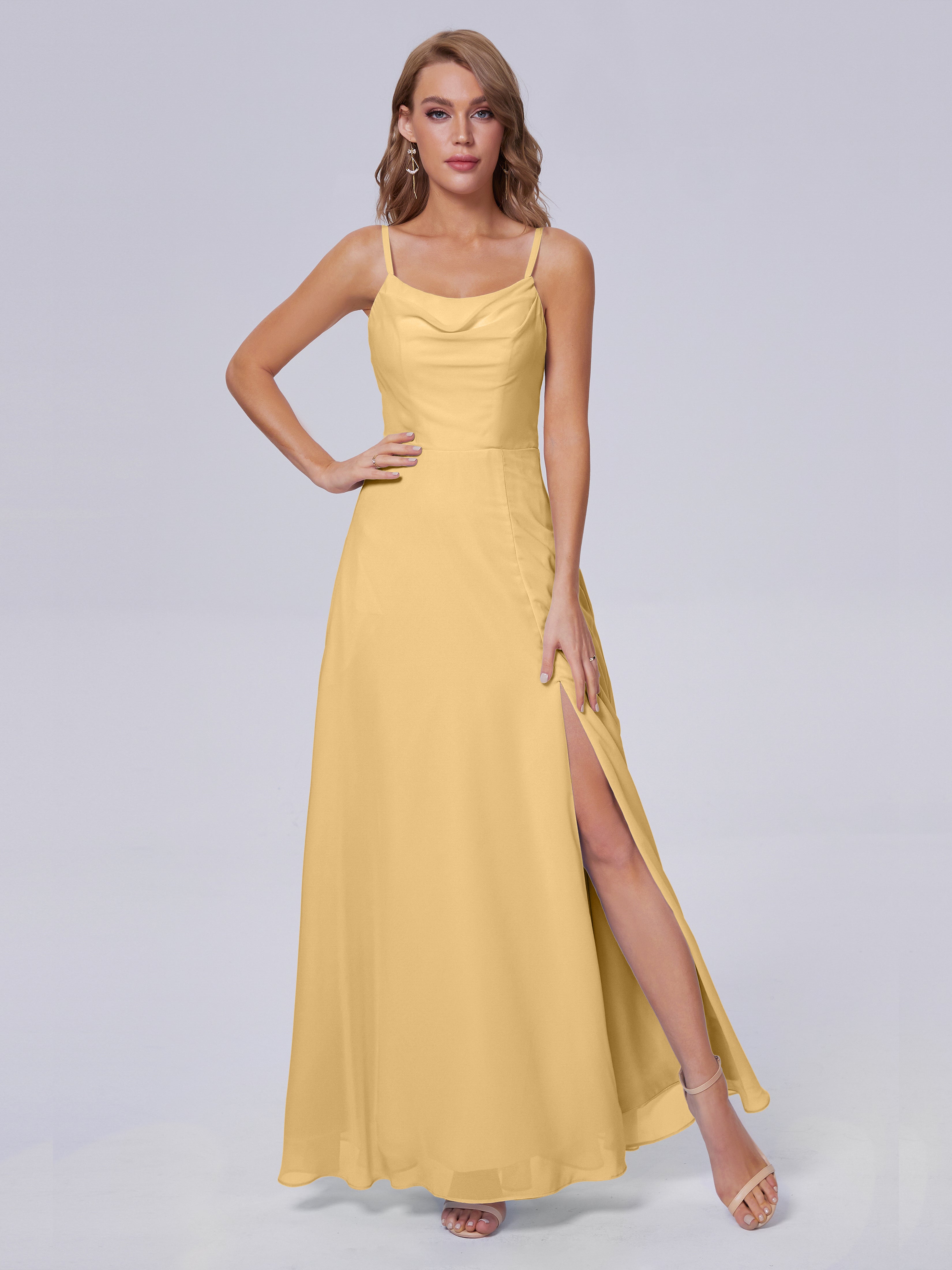 Demoiselle Robe Dorée Mariage Reese Mignonne Bretelles Spaghetti Mousseline Robes Demoiselle D'Honneur