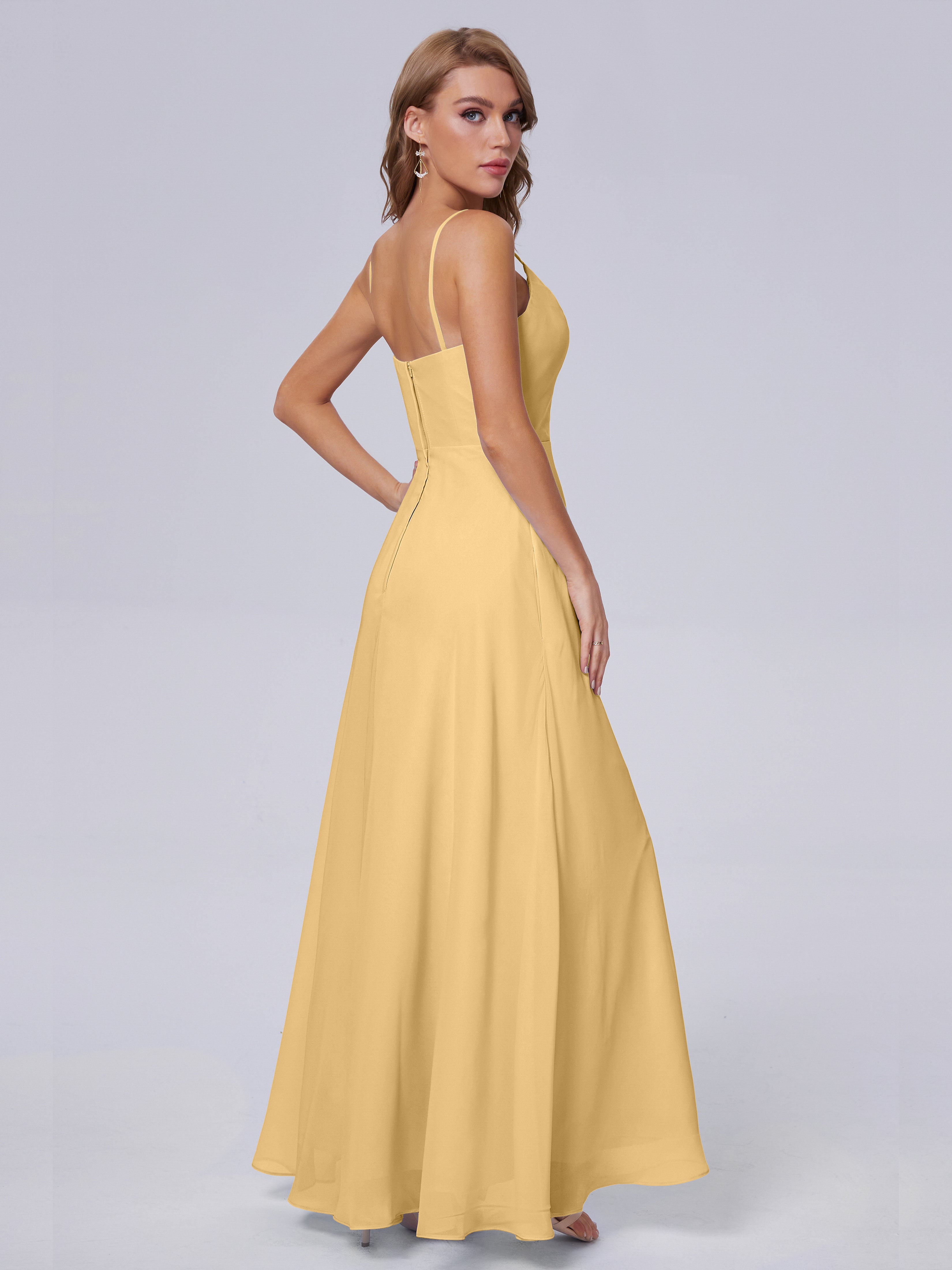 Demoiselle Robe Dorée Mariage Reese Mignonne Bretelles Spaghetti Mousseline Robes Demoiselle D'Honneur