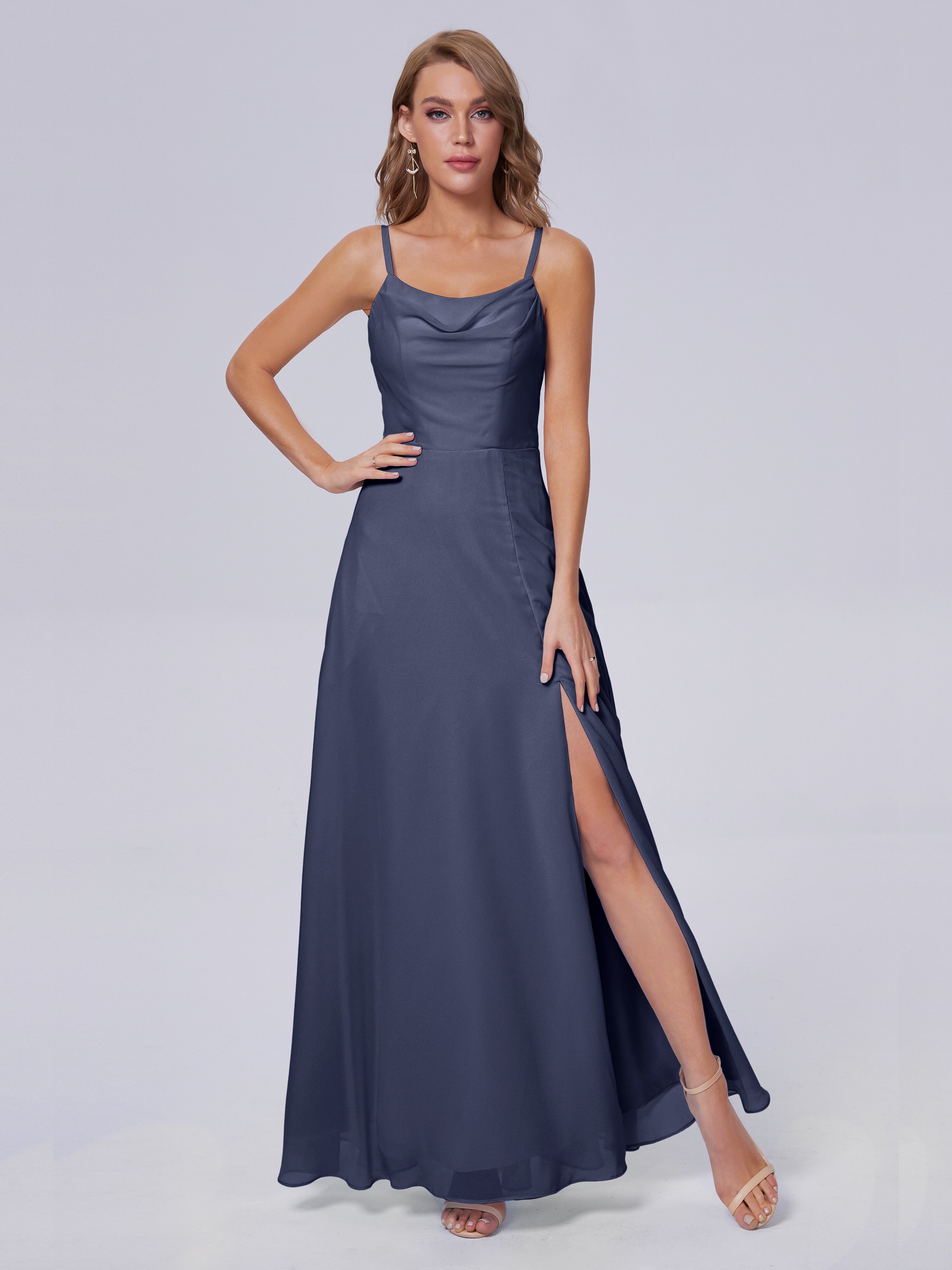 Robes De Demoiselle D'Honneur Bleu Orageux Reese Mignonne Bretelles Spaghetti Mousseline Robes Demoiselle D'Honneur