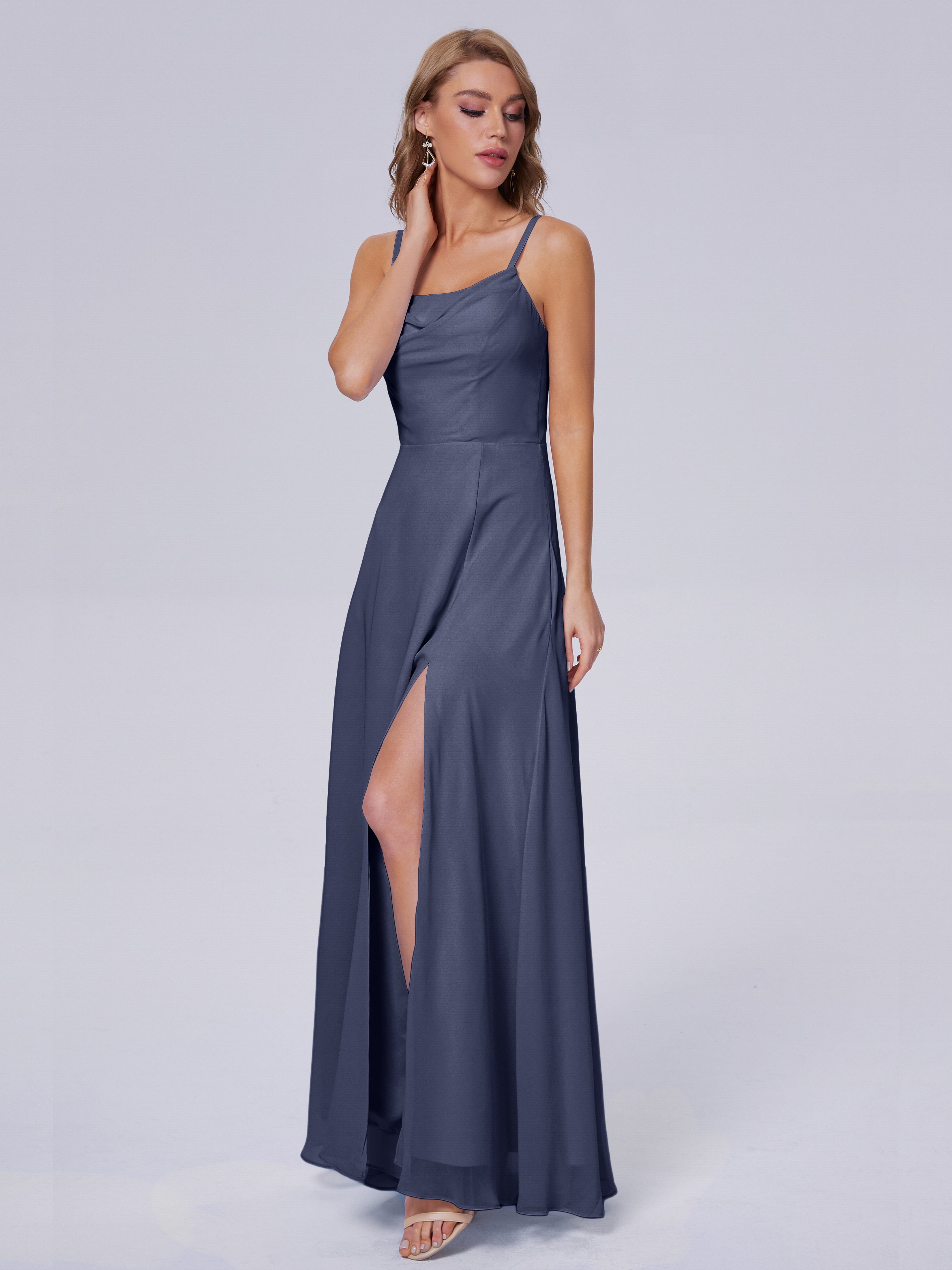 Robes De Demoiselle D'Honneur Bleu Orageux Reese Mignonne Bretelles Spaghetti Mousseline Robes Demoiselle D'Honneur