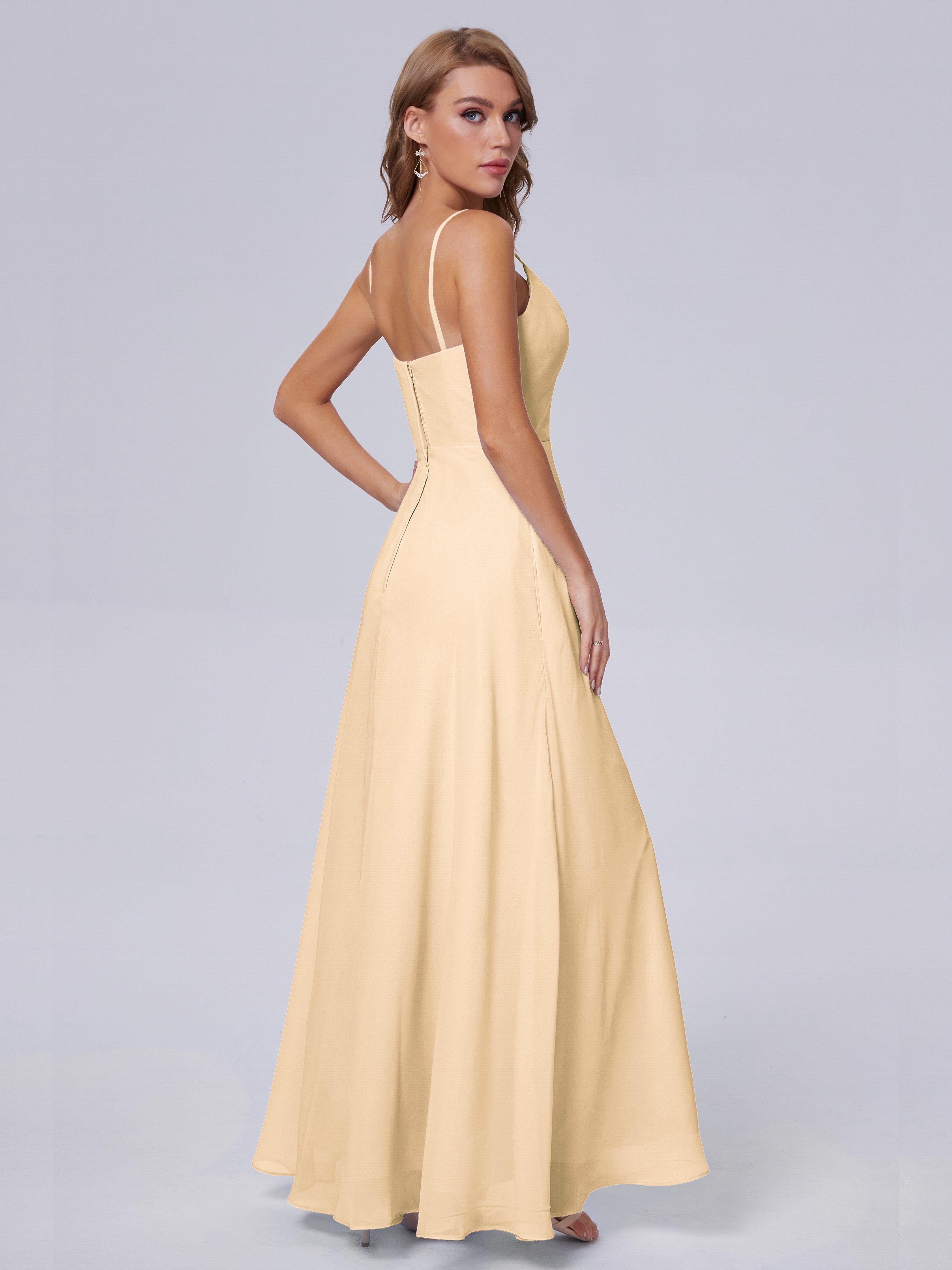 Robe De Demoiselle D Honneur Peche Reese Mignonne Bretelles Spaghetti Mousseline Robes Demoiselle D'Honneur