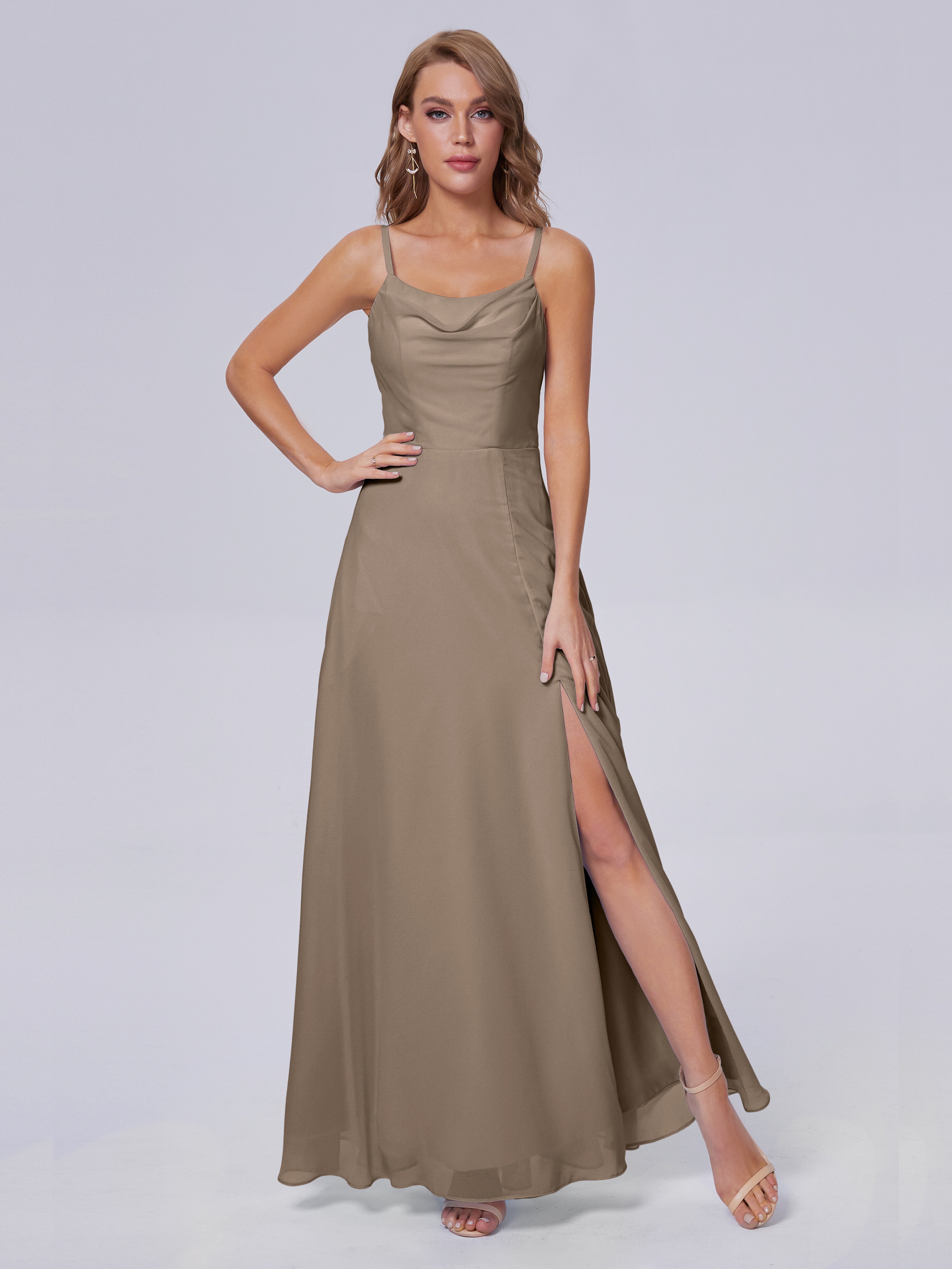 Robe De Couleur Taupe Reese Mignonne Bretelles Spaghetti Mousseline Robes Demoiselle D'Honneur