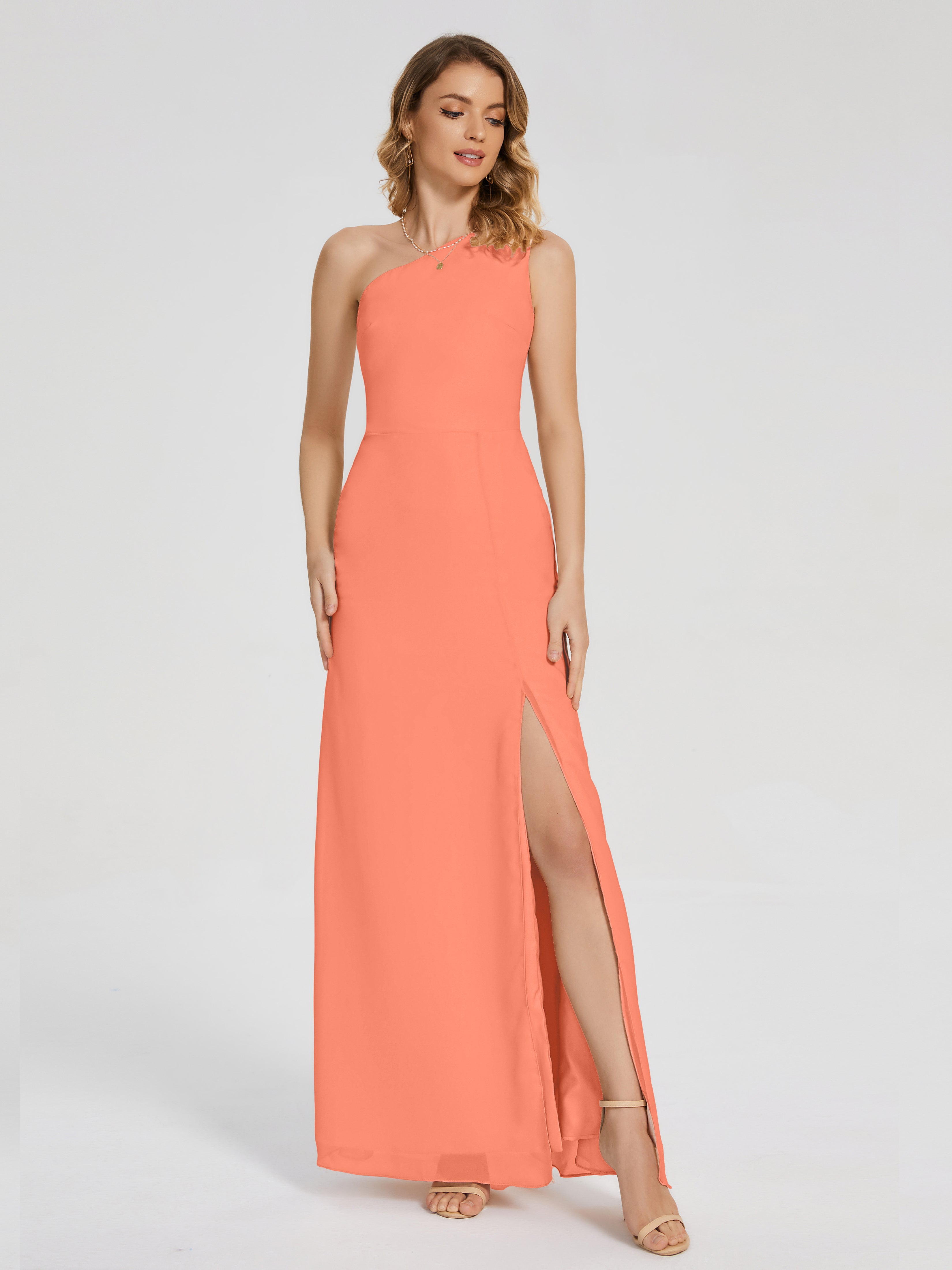 Robes De Demoiselle D'Honneur Coucher De Soleil Simple Seule-Épaule Fendue Mousseline Robes Demoiselle D'Honneur