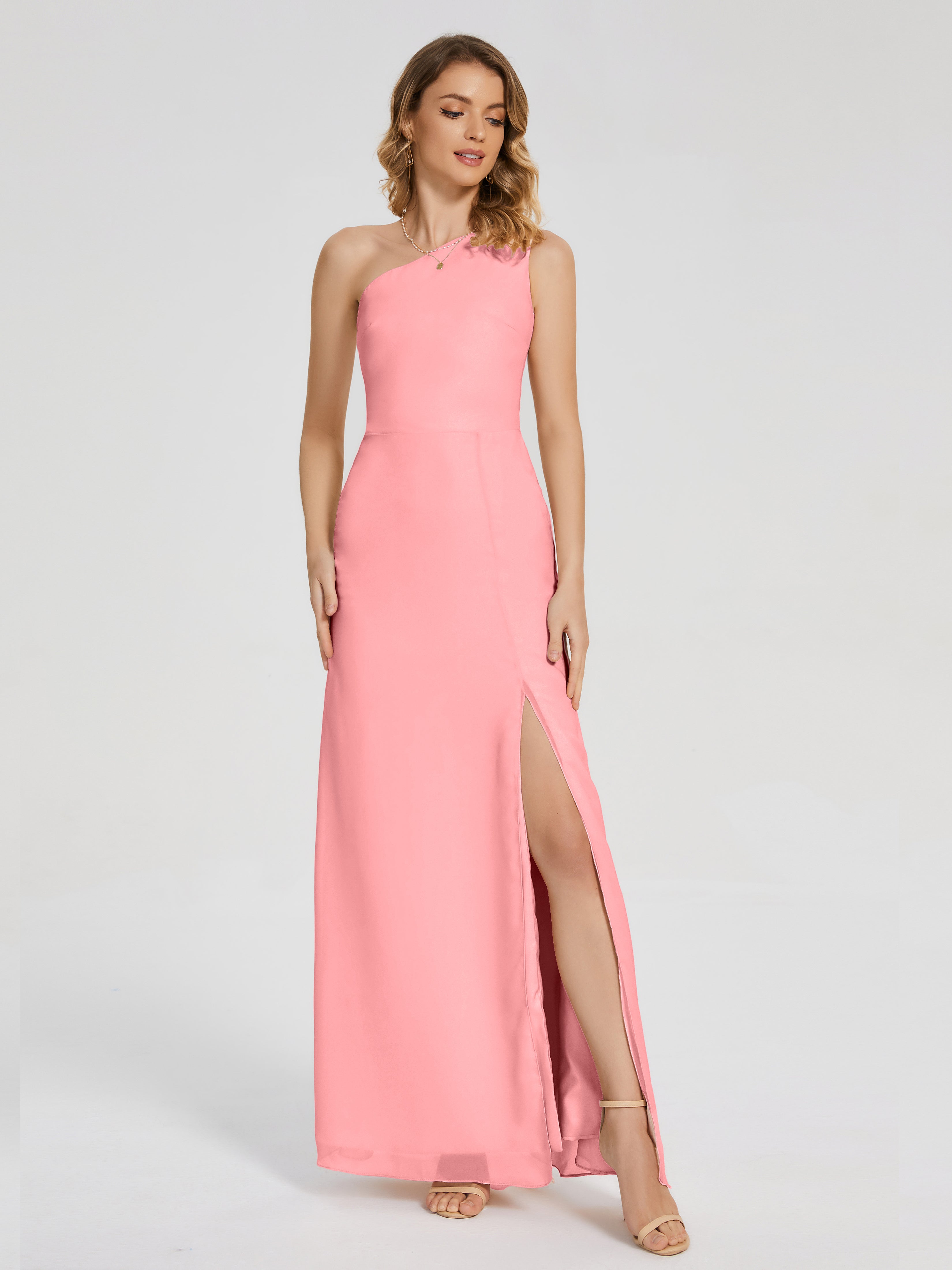 Robes De Demoiselle D'Honneur En Flamant Simple Seule-Épaule Fendue Mousseline Robes Demoiselle D'Honneur