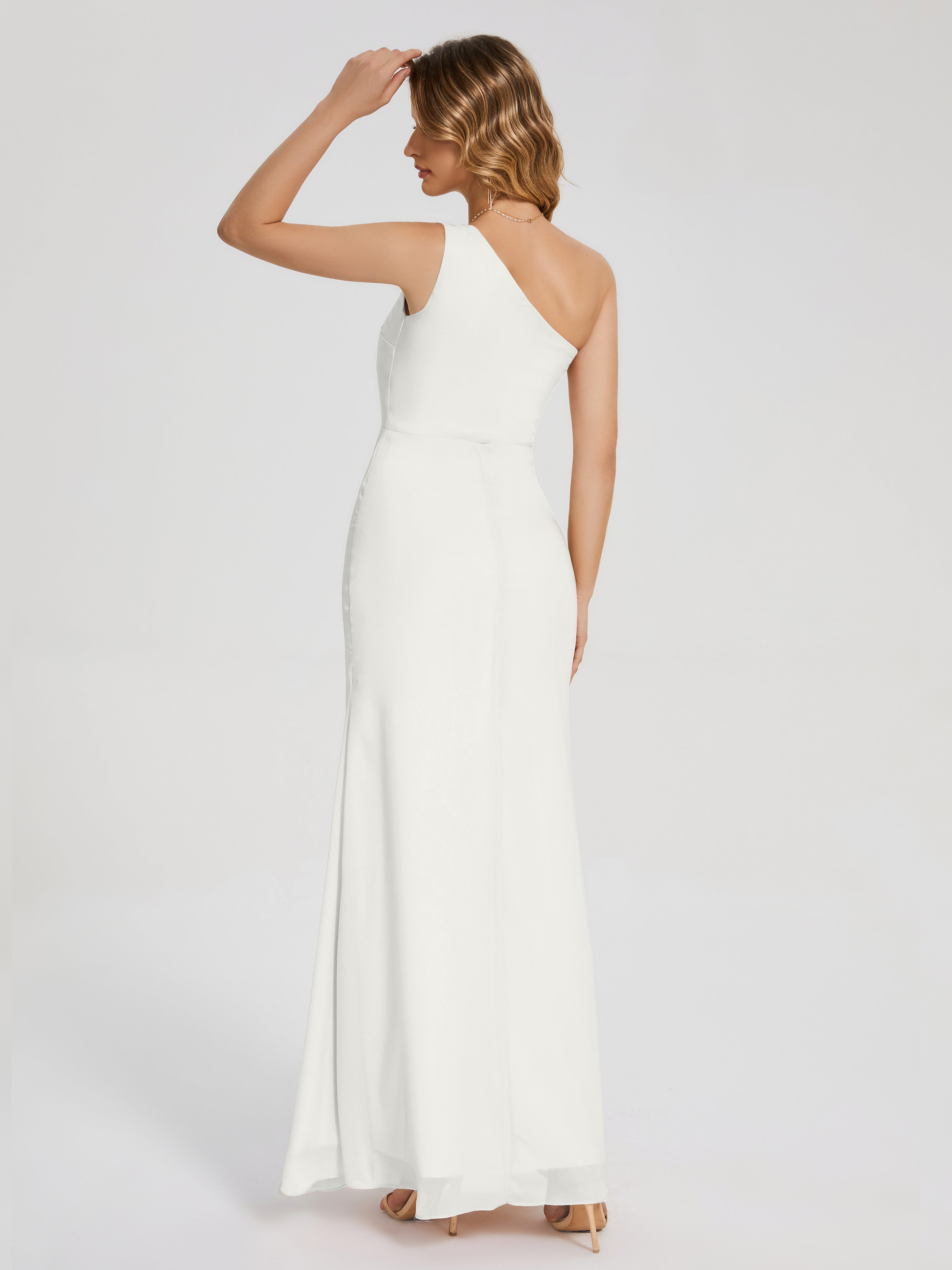 Robe De Demoiselle D Honneur Ivoire Simple Seule-Épaule Fendue Mousseline Robes Demoiselle D'Honneur