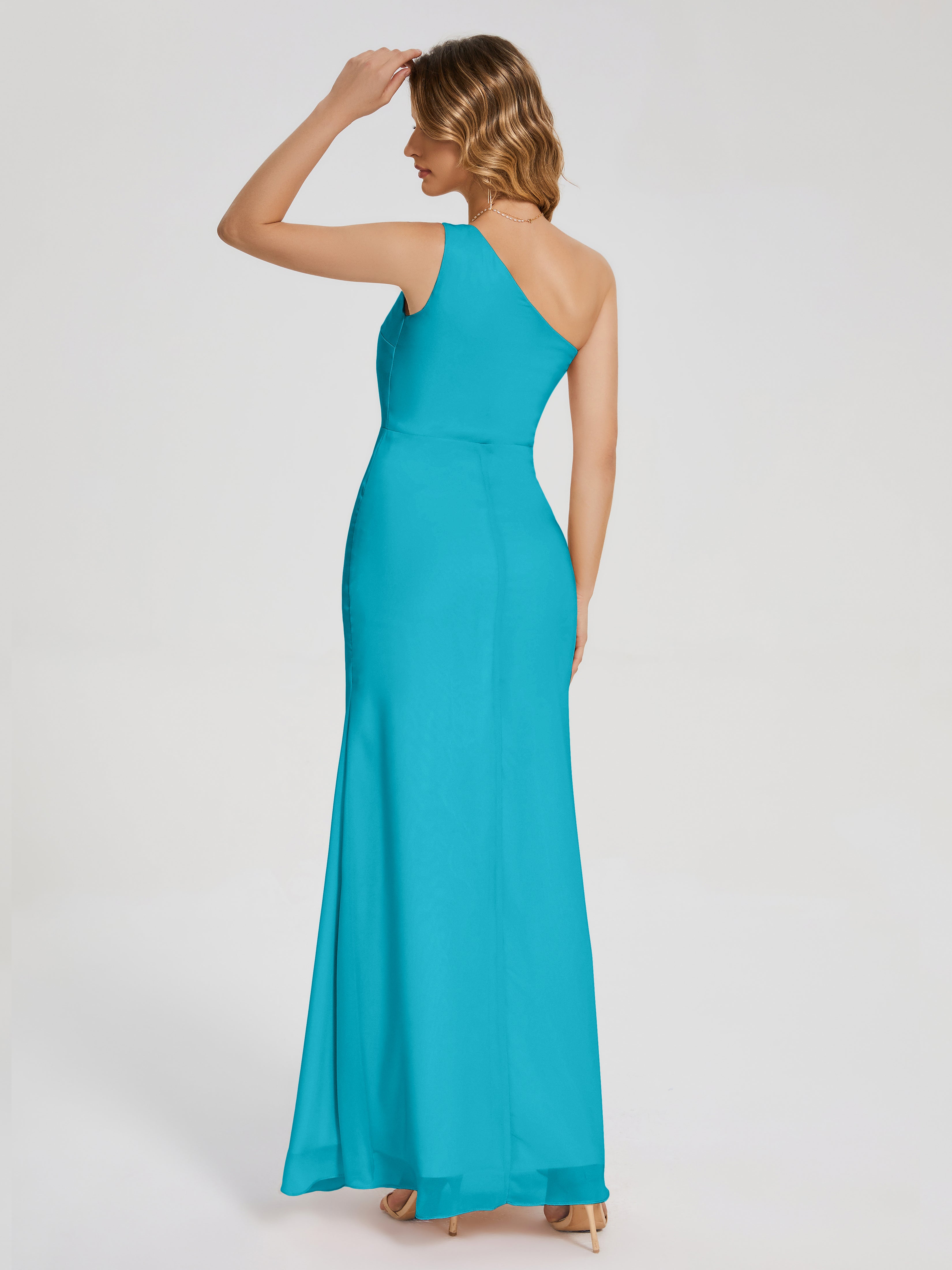 Robes De Demoiselle D'Honneur Jade Simple Seule-Épaule Fendue Mousseline Robes Demoiselle D'Honneur