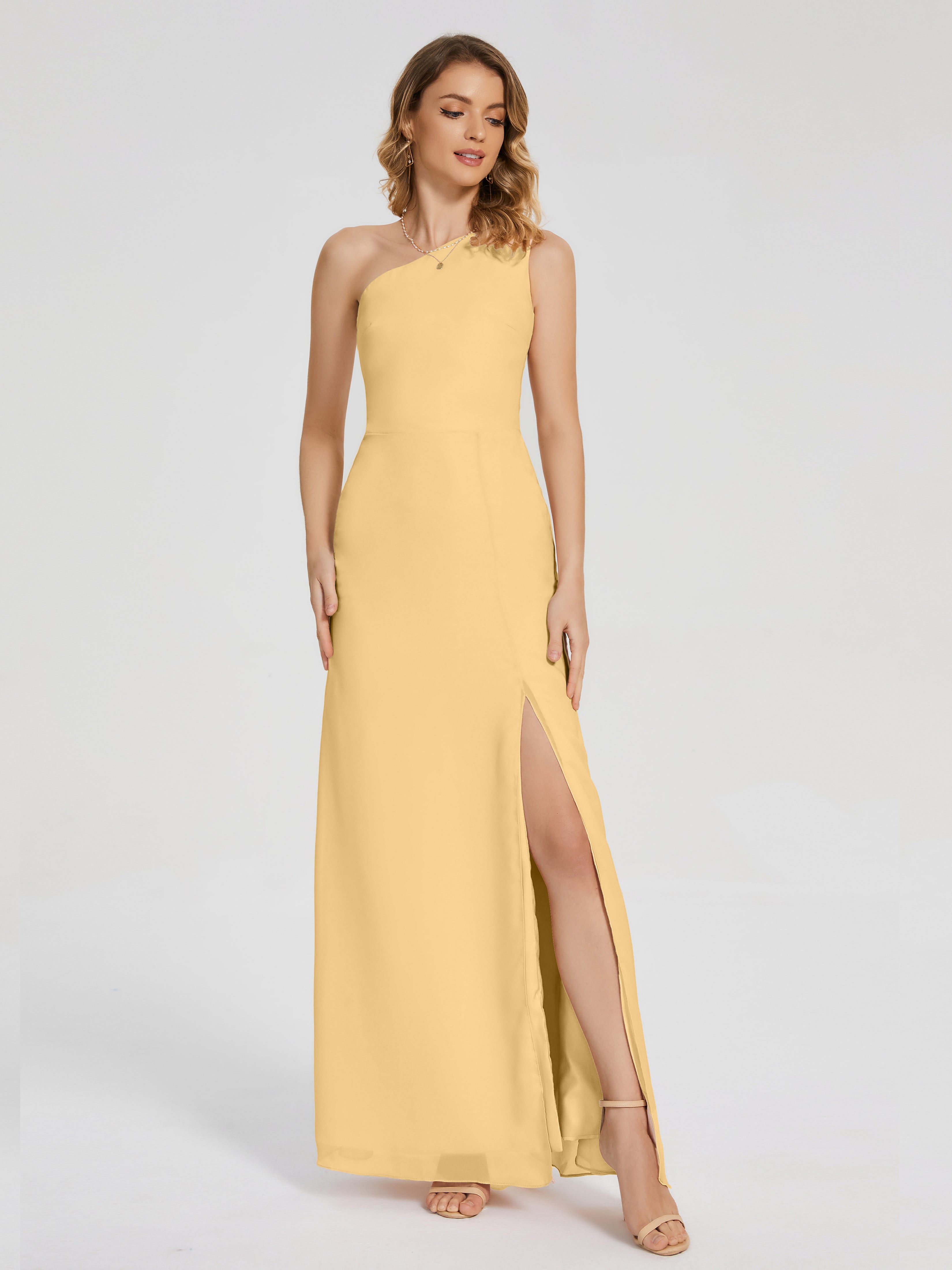 Robe De Demoiselle D Honneur Doré Simple Seule-Épaule Fendue Mousseline Robes Demoiselle D'Honneur