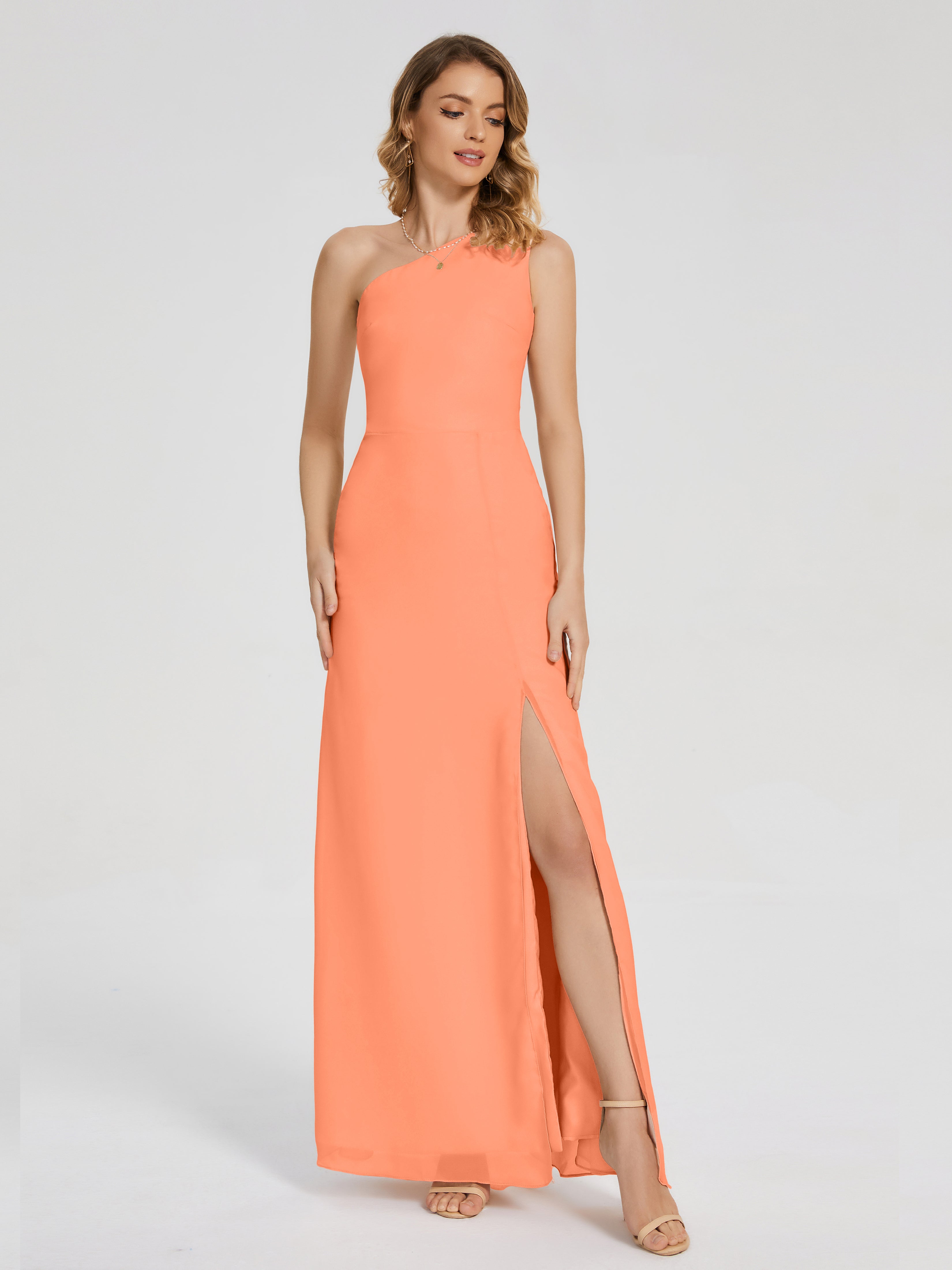 Robes De Demoiselle D'Honneur Papaye Simple Seule-Épaule Fendue Mousseline Robes Demoiselle D'Honneur