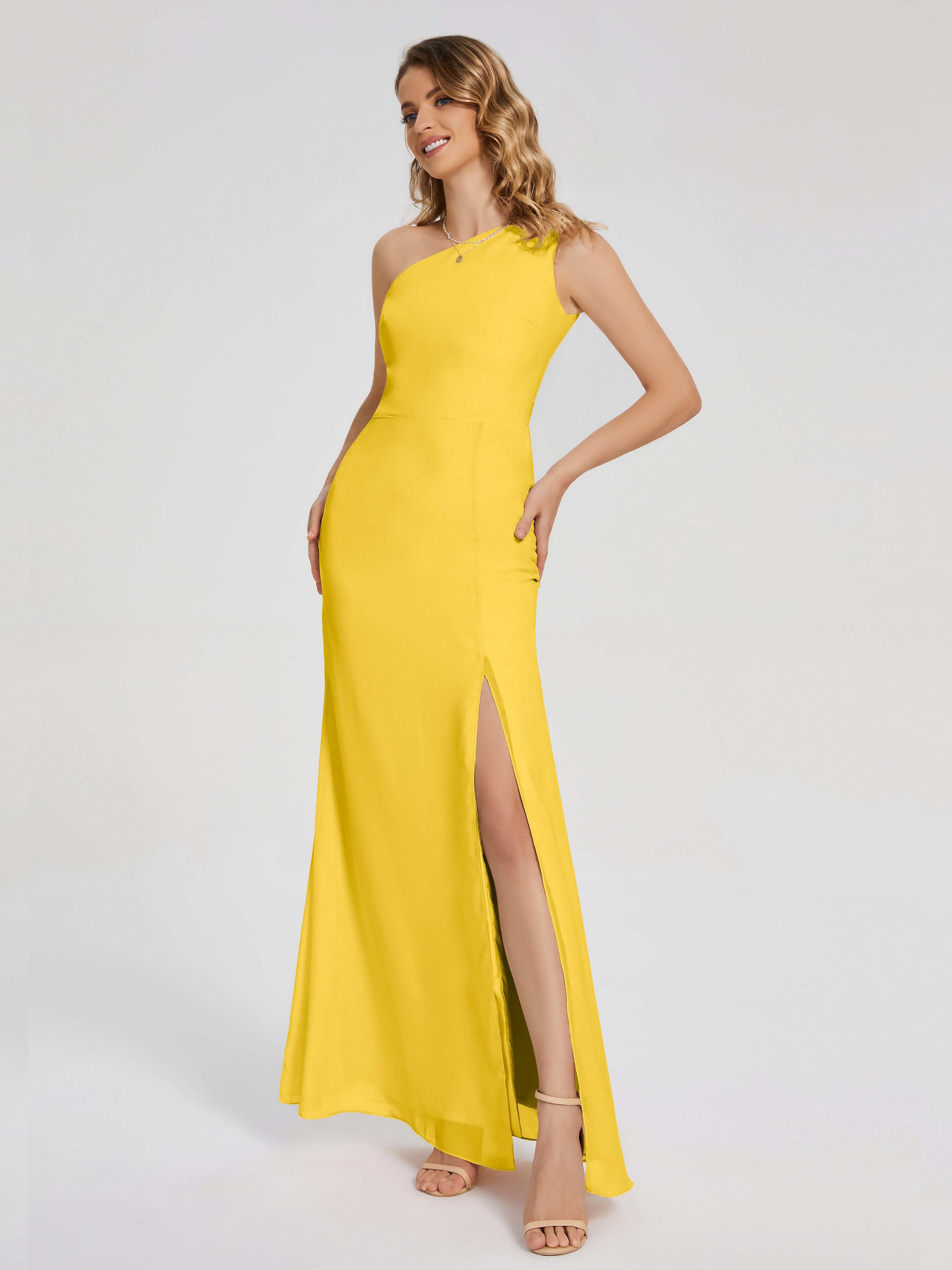 Robe De Demoiselle D'Honneur Souci Simple Seule-Épaule Fendue Mousseline Robes Demoiselle D'Honneur