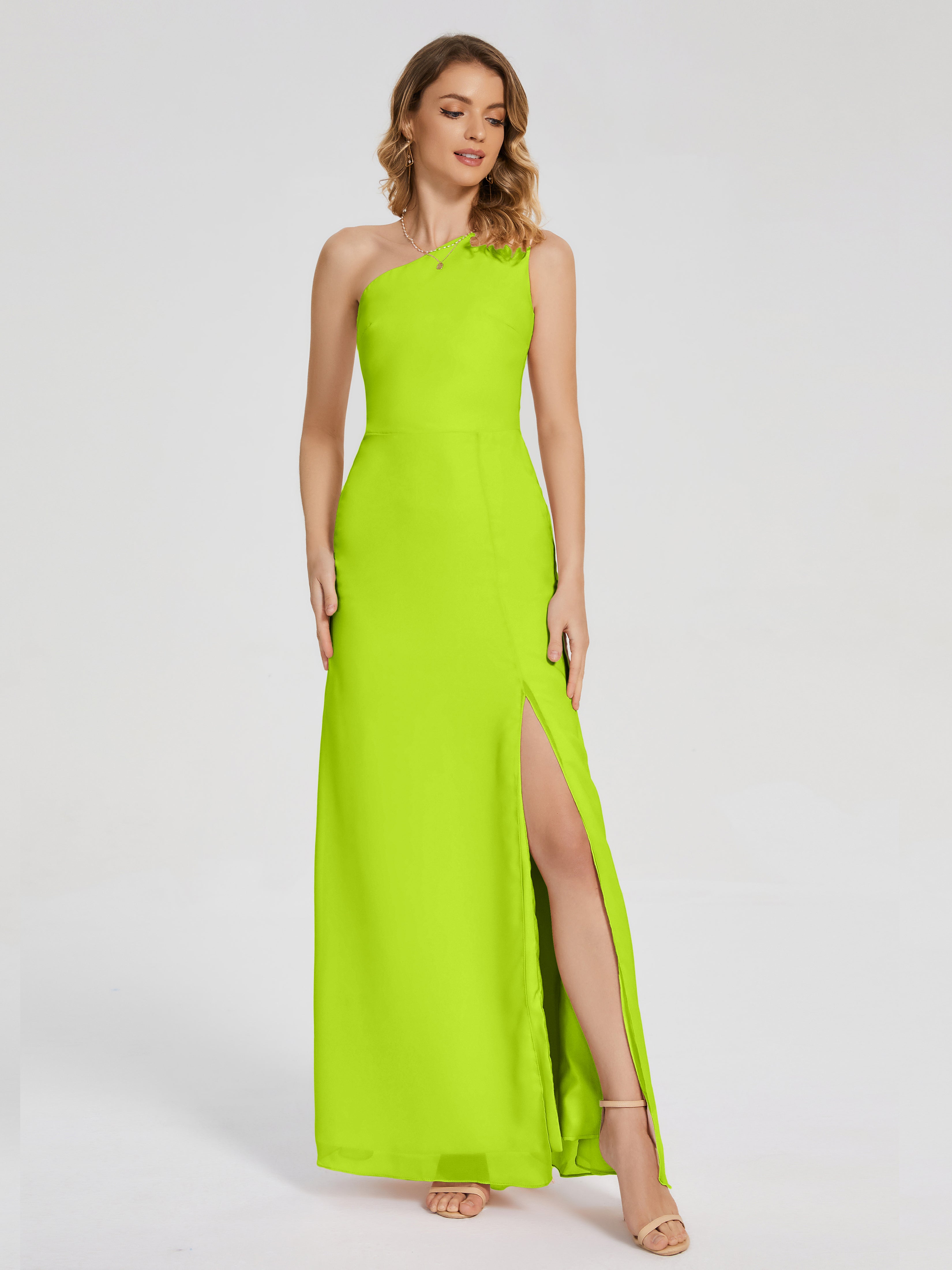 Robes De Demoiselle D'Honneur Vert Citron Simple Seule-Épaule Fendue Mousseline Robes Demoiselle D'Honneur