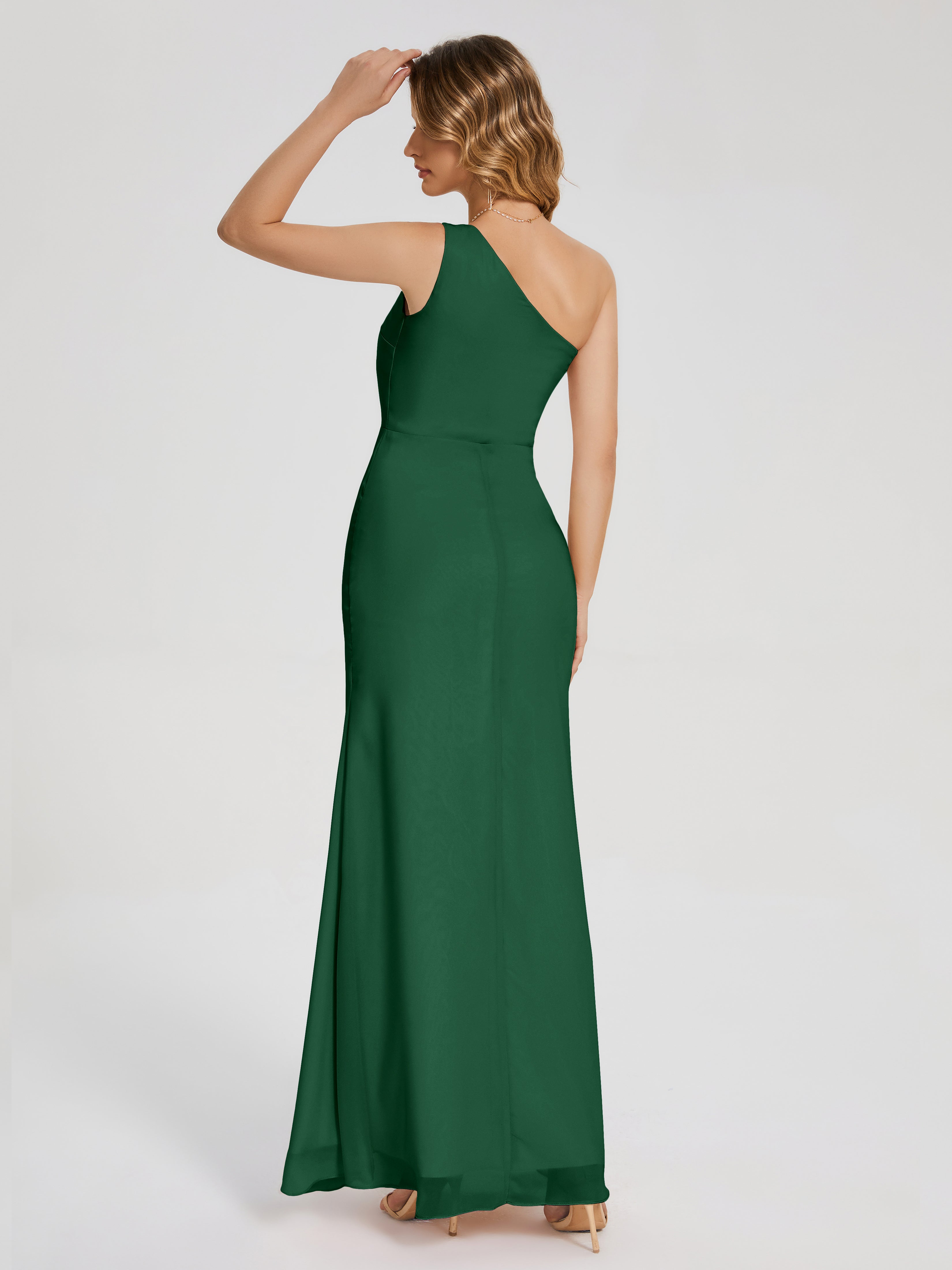 Robe Demoiselle D Honneur Vert Foncé Simple Seule-Épaule Fendue Mousseline Robes Demoiselle D'Honneur