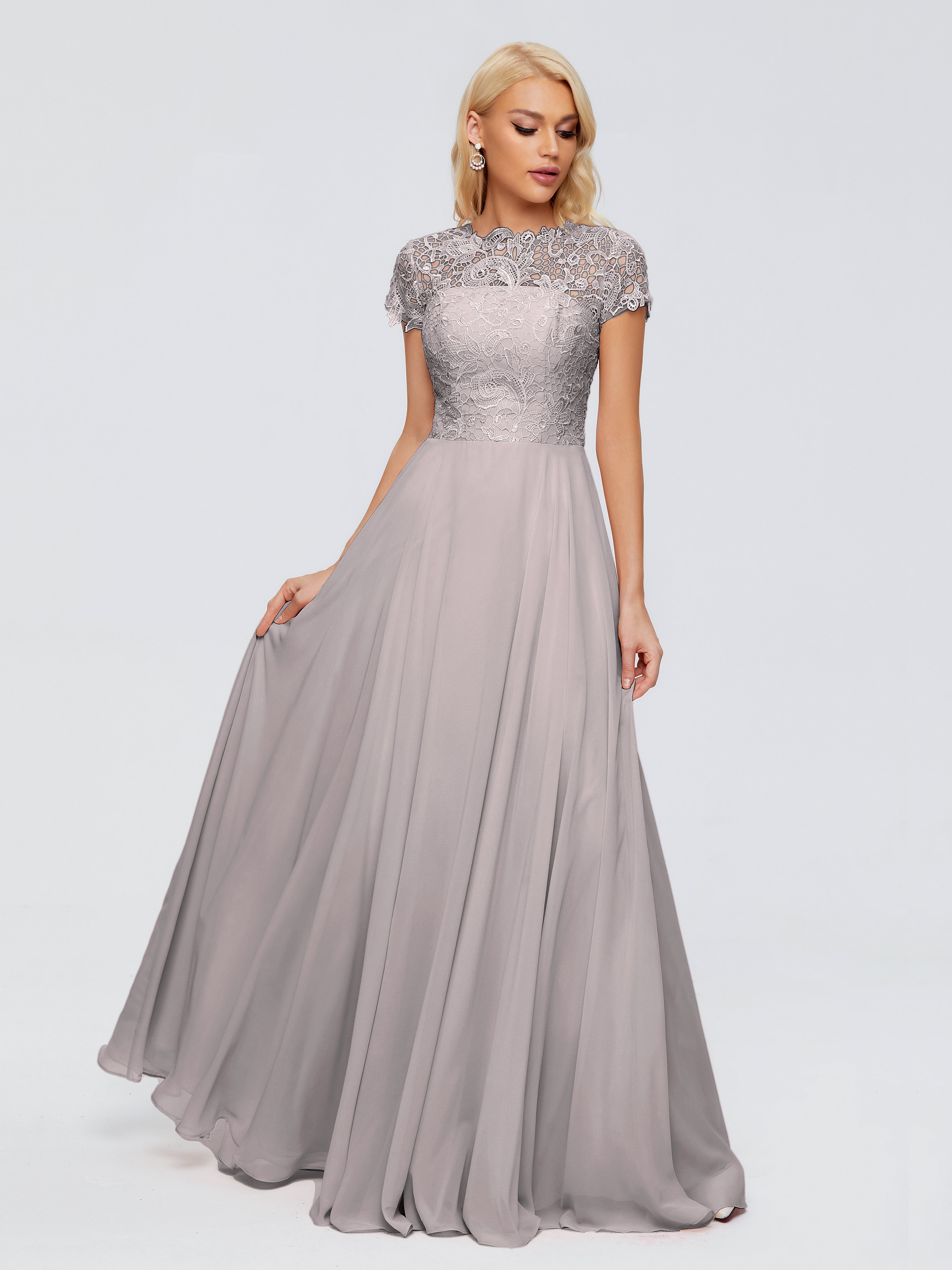 Robe Demoiselle D Honneur Argent Trapèze Encolure Dégagée Mousseline Robes Demoiselle D'Honneur