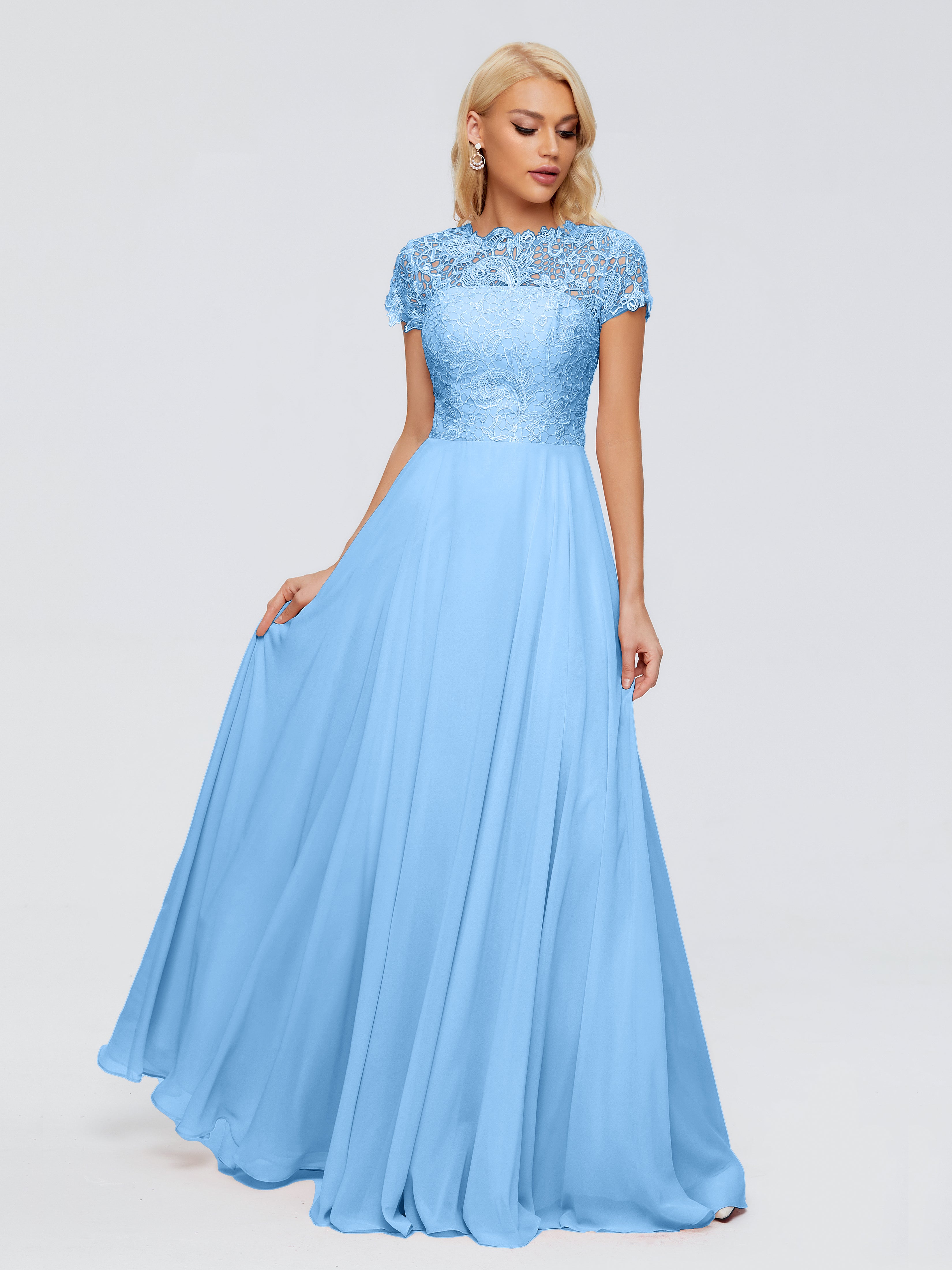 Robes De Demoiselle D'Honneur Bleu Bébé Trapèze Encolure Dégagée Mousseline Robes Demoiselle D'Honneur