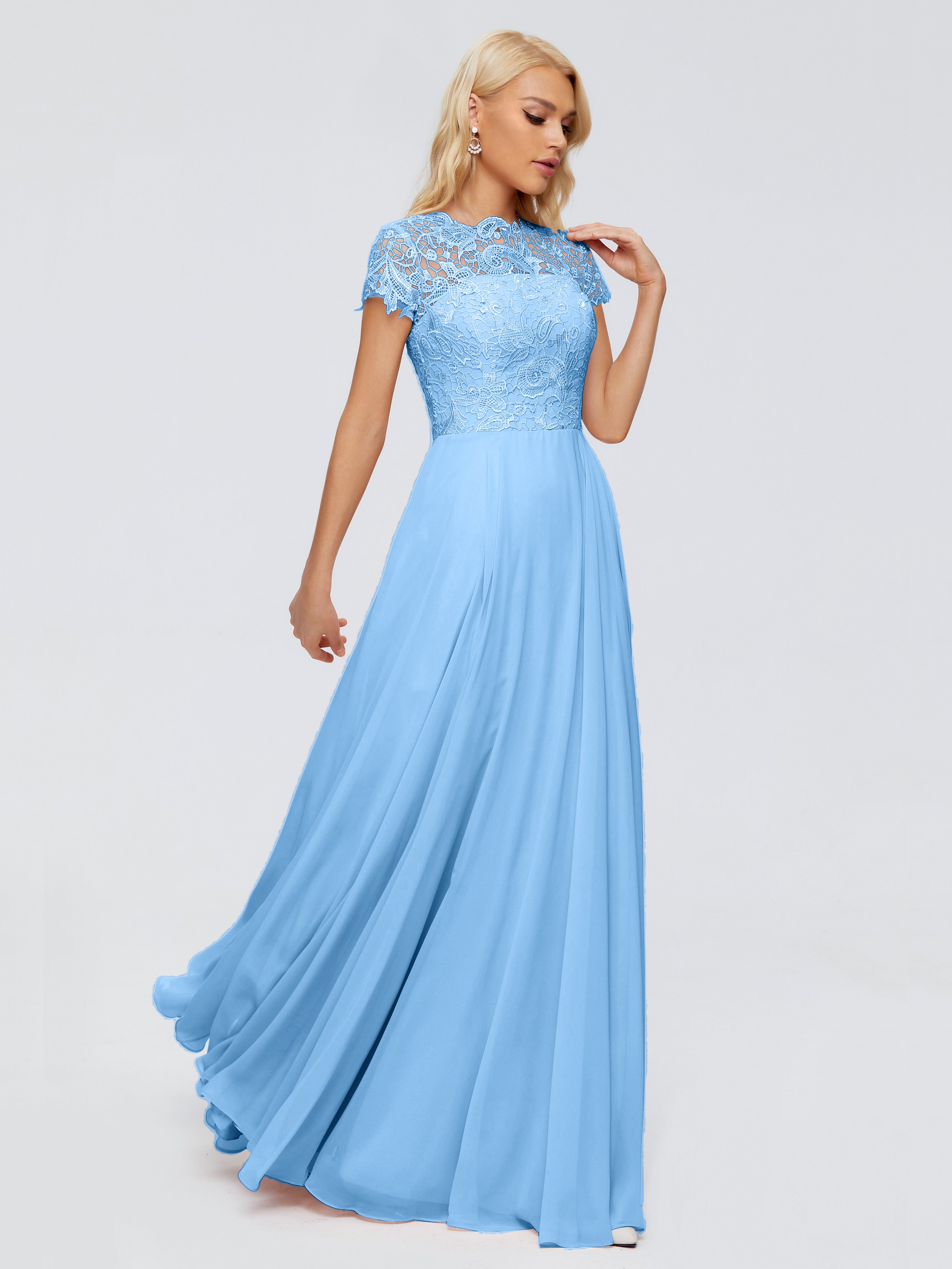 Robes De Demoiselle D'Honneur Bleu Bébé Trapèze Encolure Dégagée Mousseline Robes Demoiselle D'Honneur