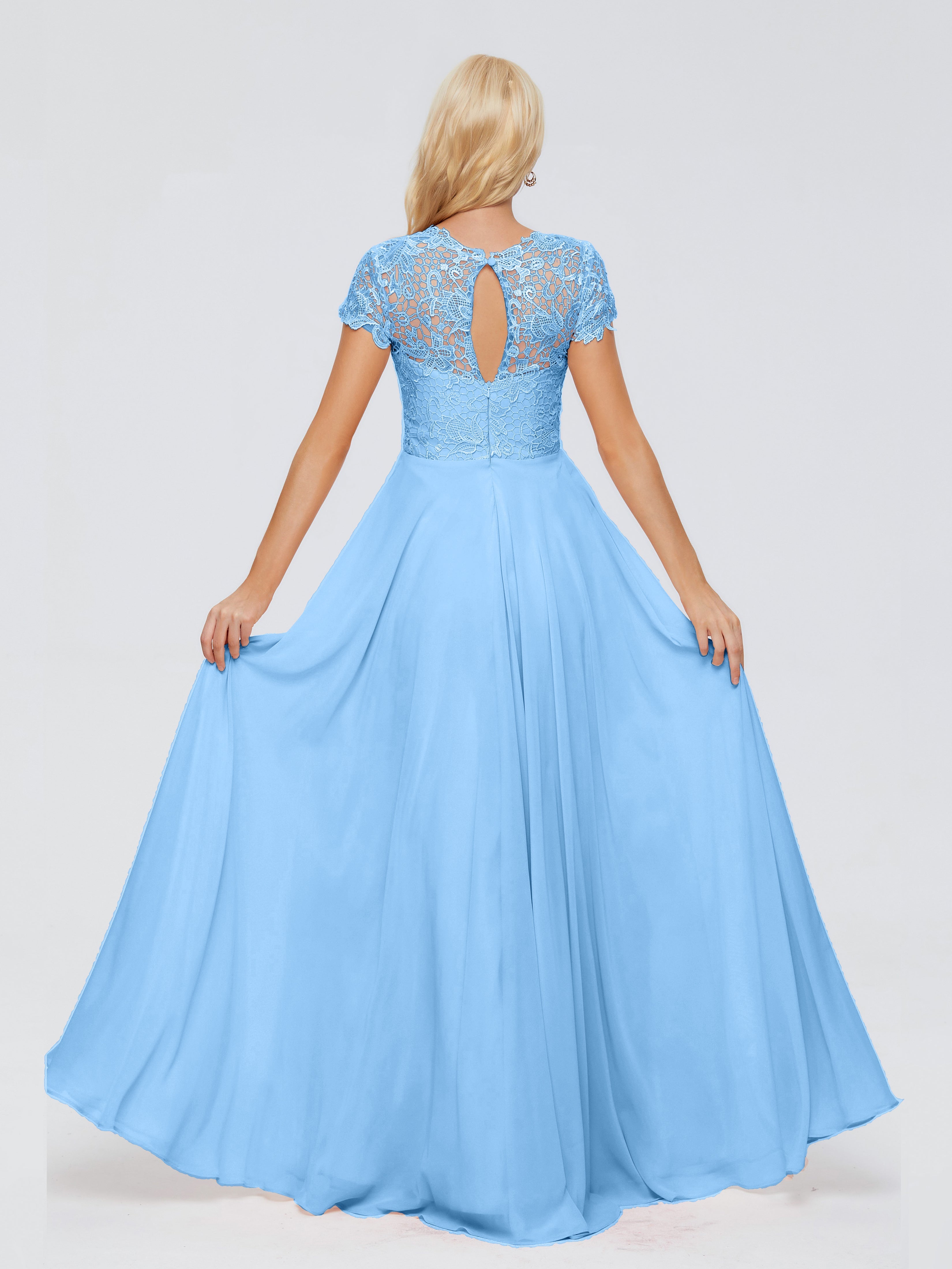 Robes De Demoiselle D'Honneur Bleu Bébé Trapèze Encolure Dégagée Mousseline Robes Demoiselle D'Honneur