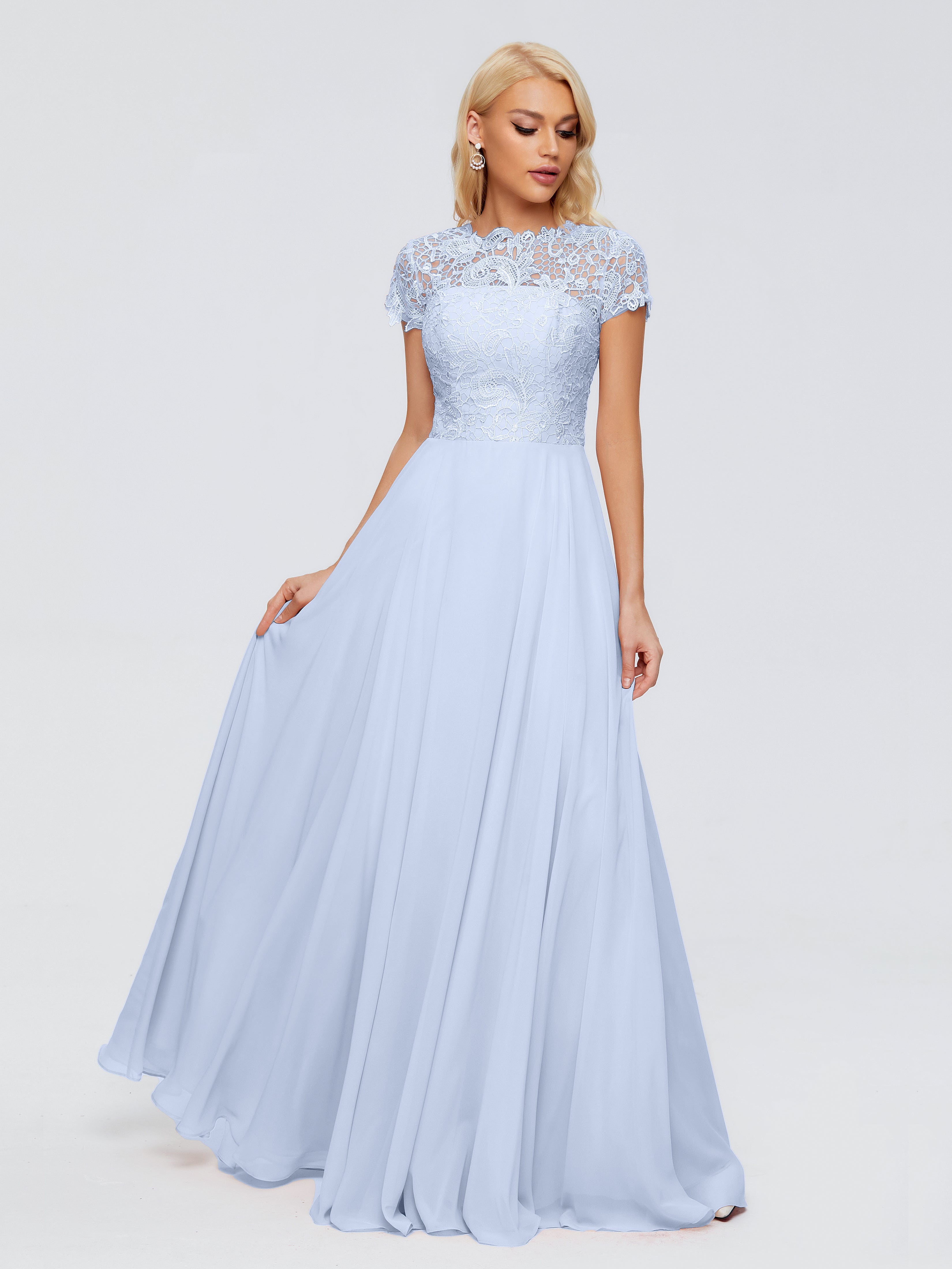 Robe Longue Bleu Ciel Demoiselle D Honneur A-ligne Encolure Dégagée Mousseline Robes Demoiselle D'Honneur