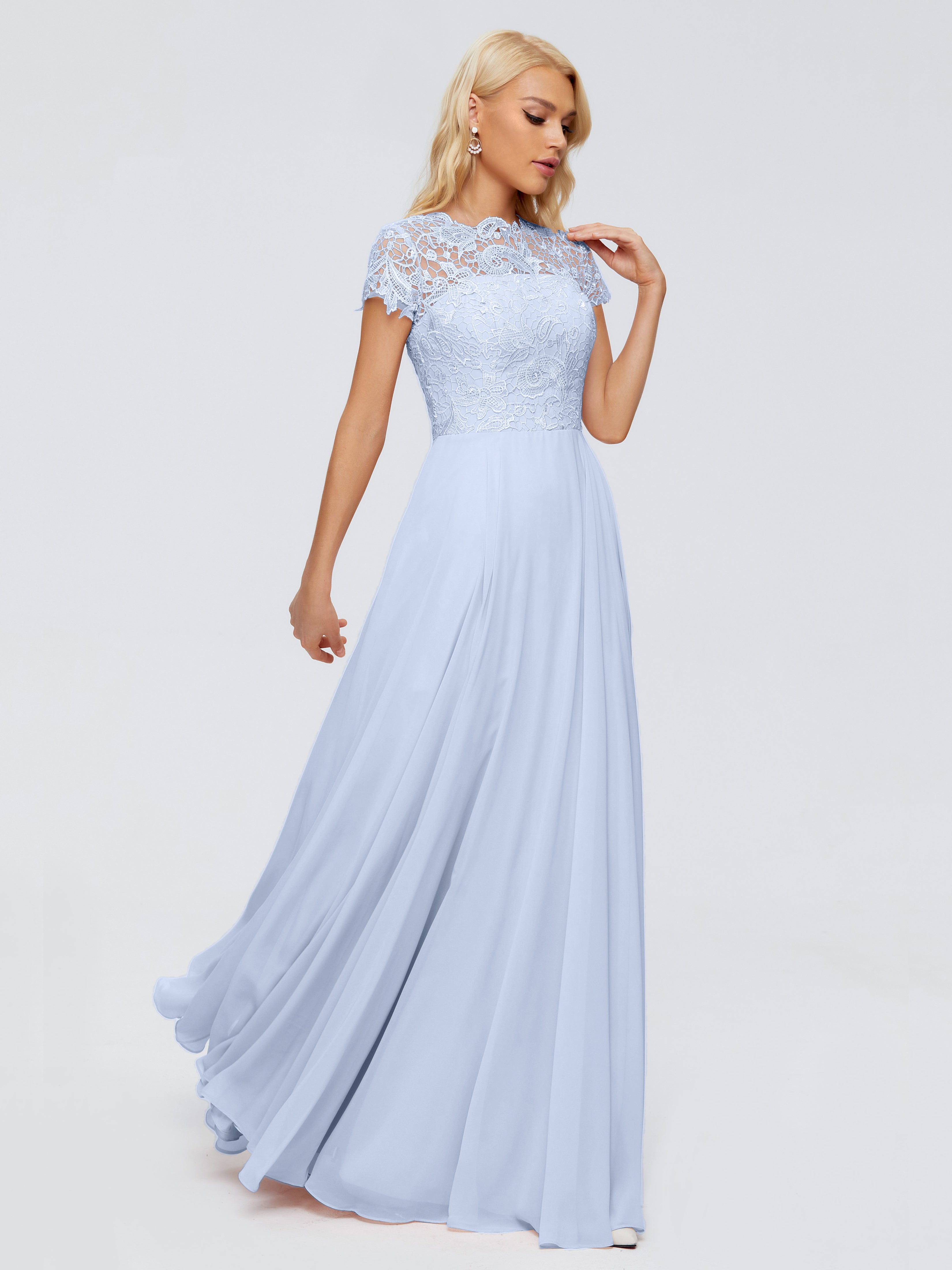 Robe Longue Bleu Ciel Demoiselle D Honneur A-ligne Encolure Dégagée Mousseline Robes Demoiselle D'Honneur
