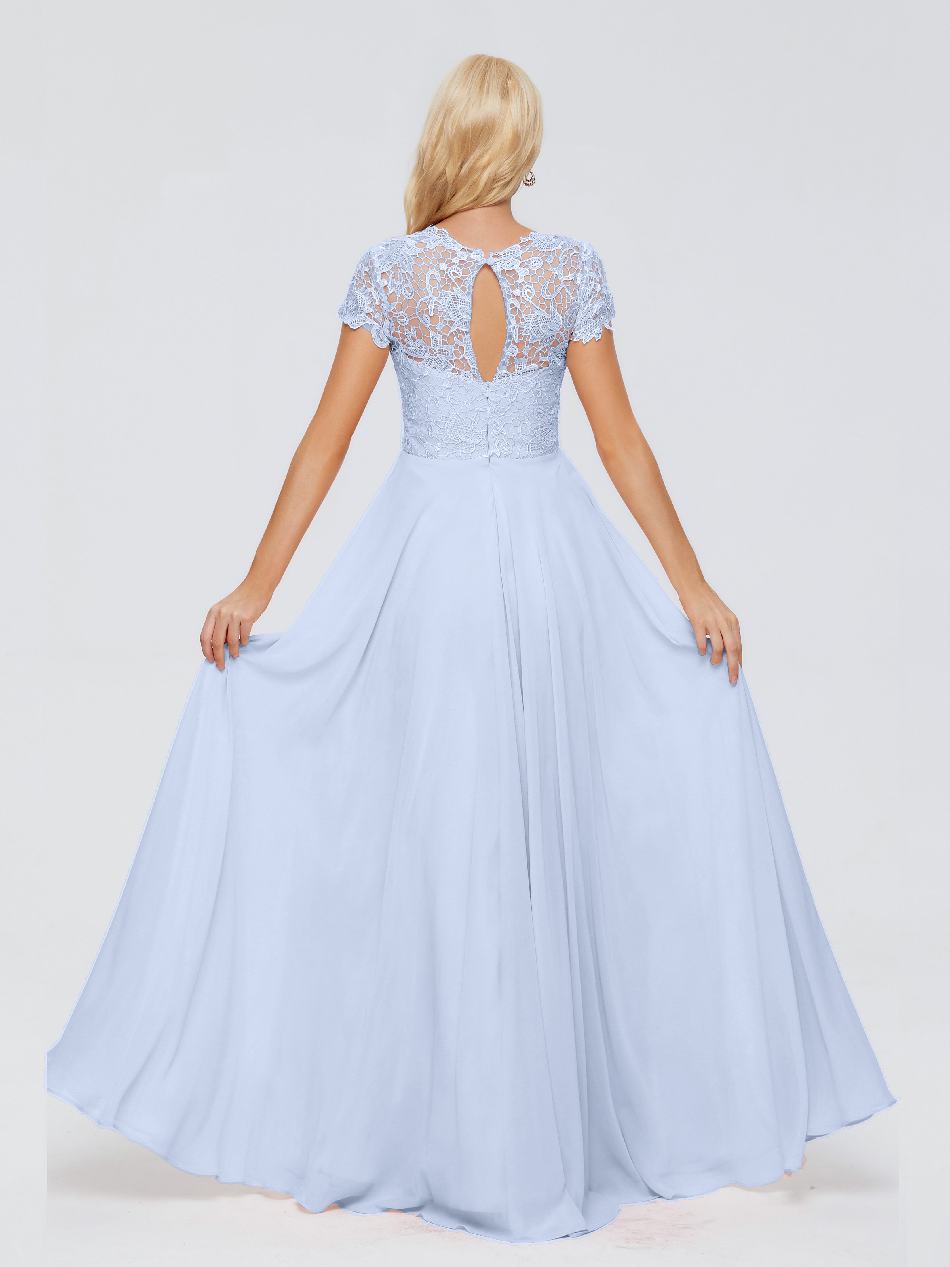 Robe Longue Bleu Ciel Demoiselle D Honneur A-ligne Encolure Dégagée Mousseline Robes Demoiselle D'Honneur