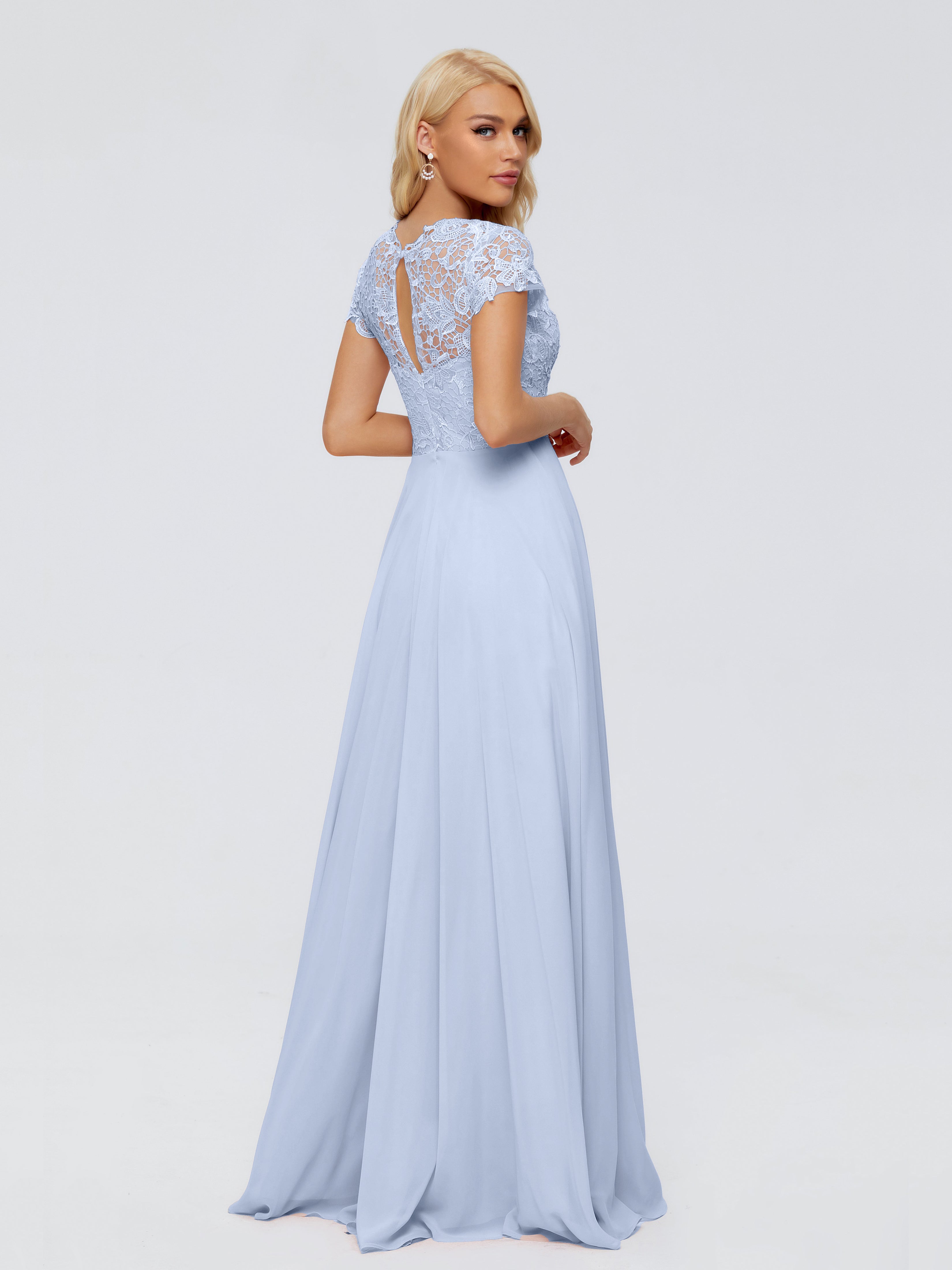 Robe Longue Bleu Ciel Demoiselle D Honneur A-ligne Encolure Dégagée Mousseline Robes Demoiselle D'Honneur
