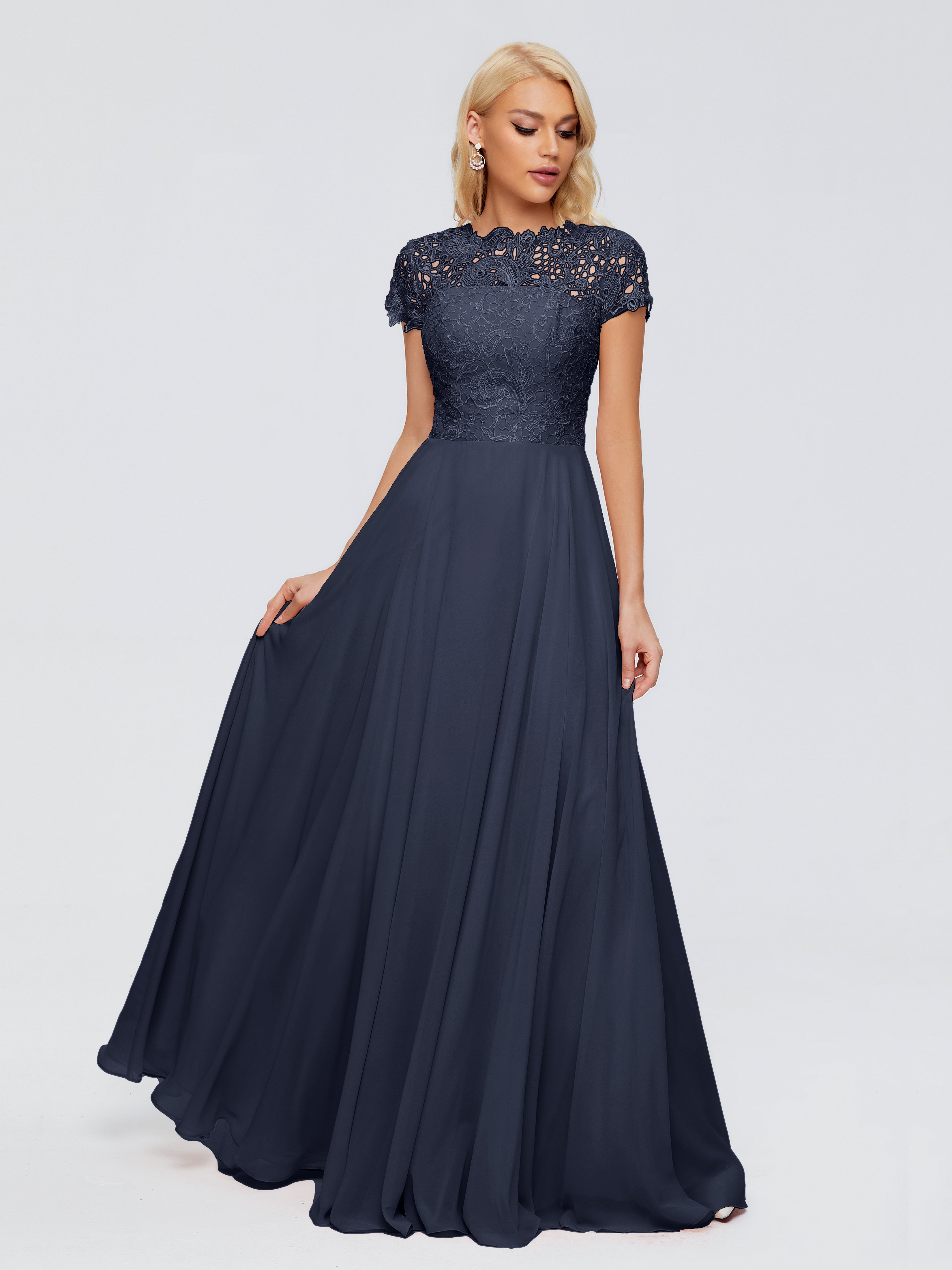 Robe De Demoiselle D Honneur Bleu Marine Trapèze Encolure Dégagée Mousseline Robes Demoiselle D'Honneur