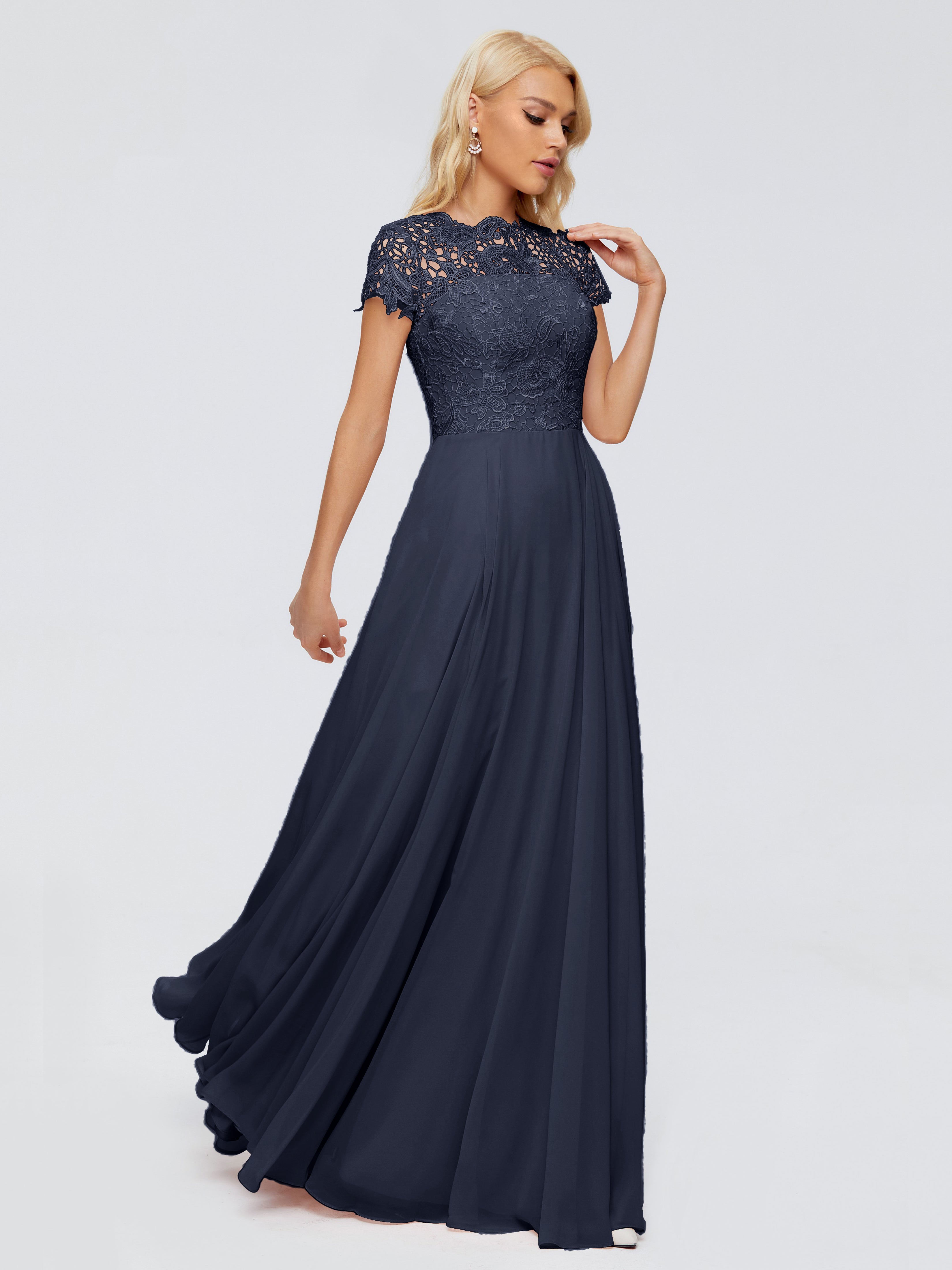 Robe De Demoiselle D Honneur Bleu Marine Trapèze Encolure Dégagée Mousseline Robes Demoiselle D'Honneur