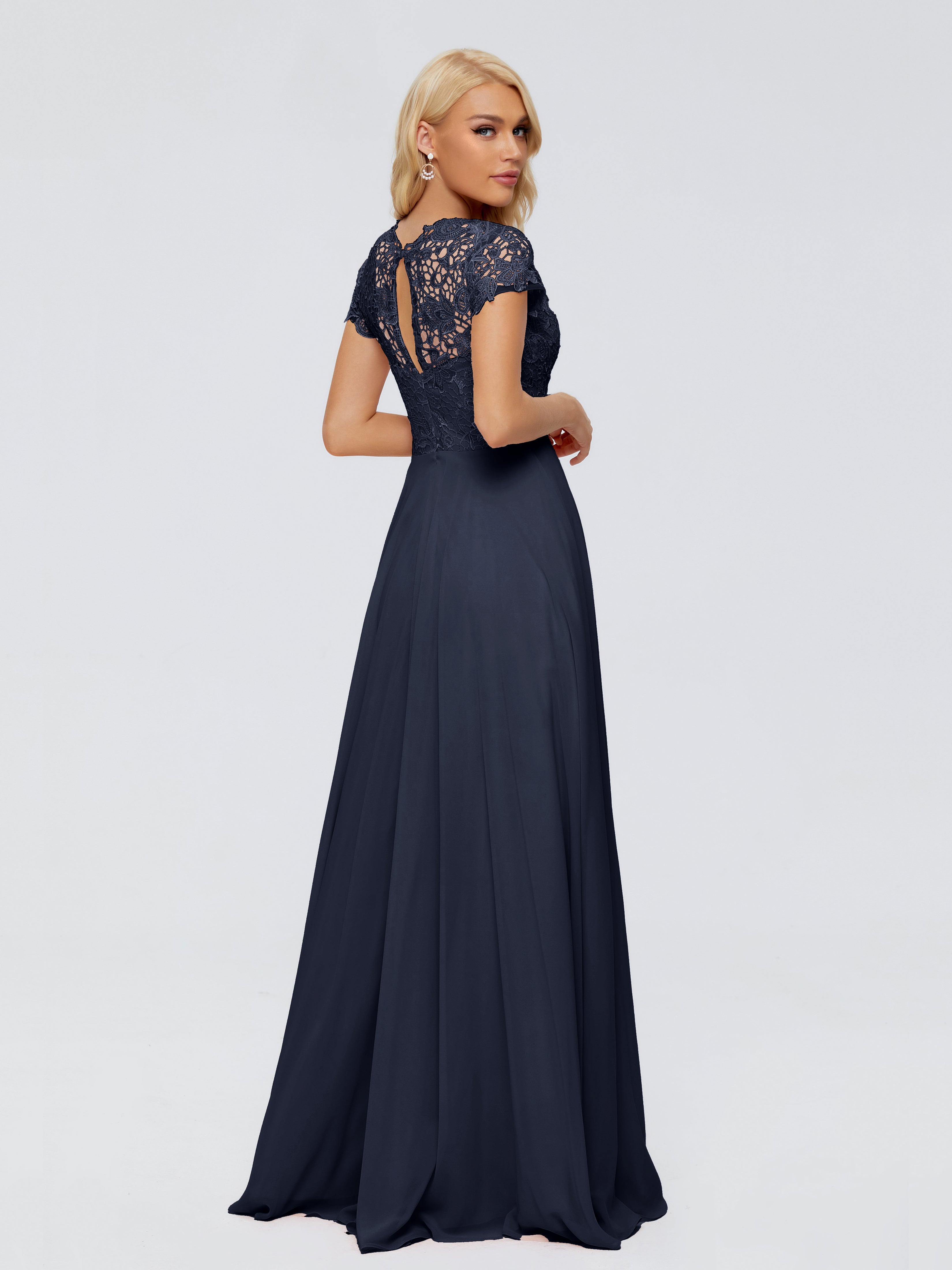 Robe De Demoiselle D Honneur Bleu Marine Trapèze Encolure Dégagée Mousseline Robes Demoiselle D'Honneur