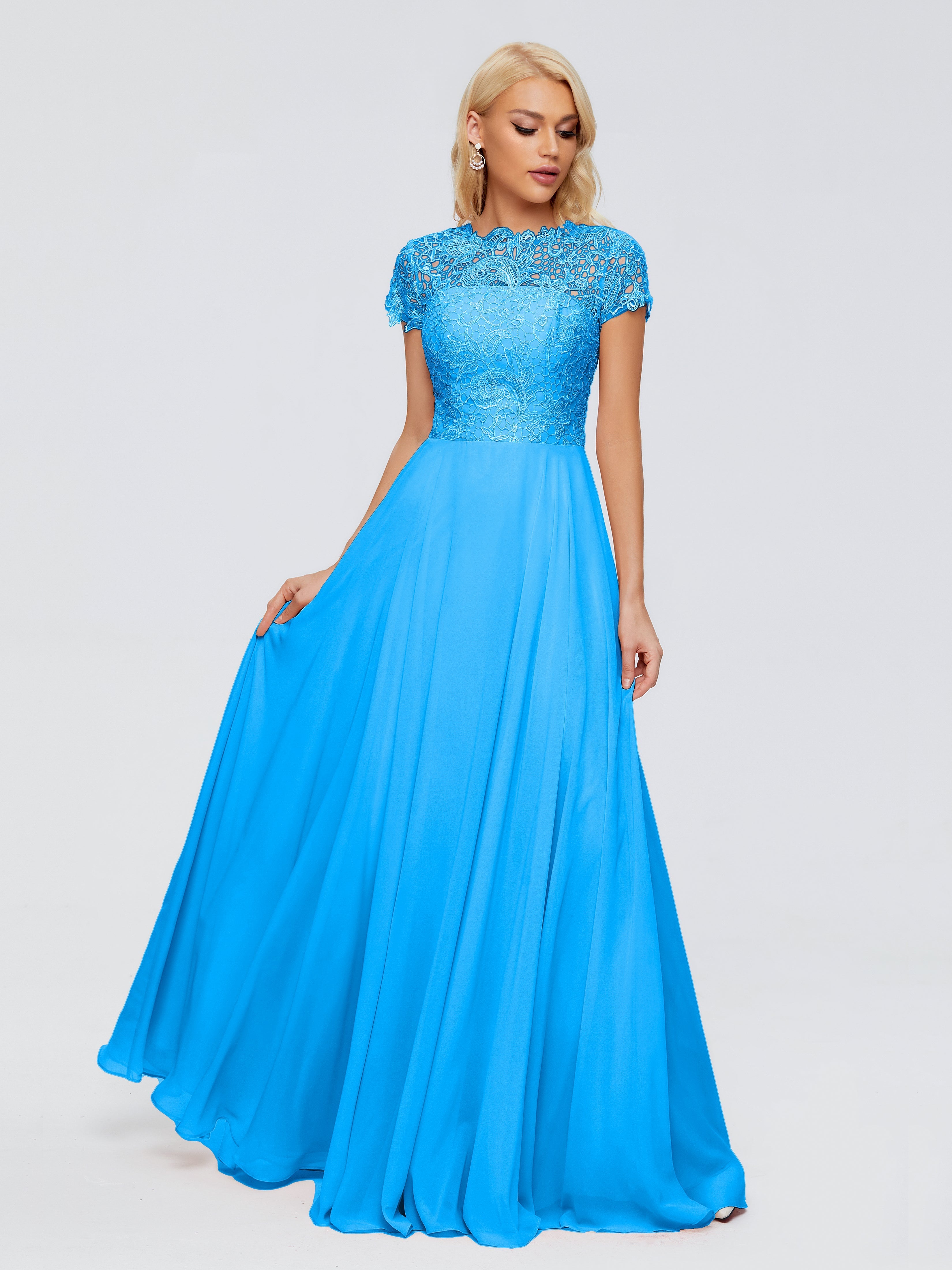 Robes De Demoiselle D'Honneur Bleu Océan A-ligne Encolure Dégagée Mousseline Robes Demoiselle D'Honneur