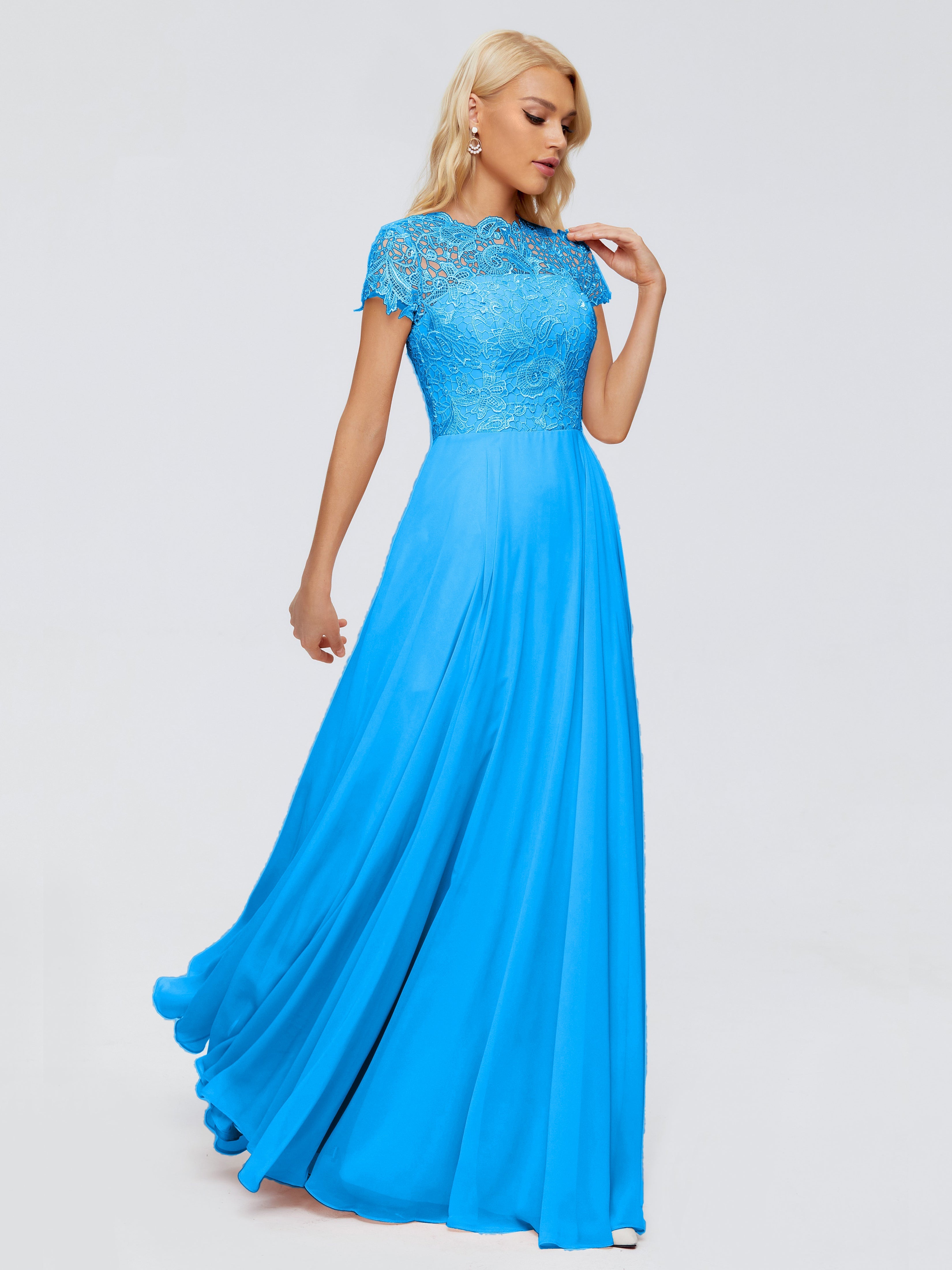 Robes De Demoiselle D'Honneur Bleu Océan A-ligne Encolure Dégagée Mousseline Robes Demoiselle D'Honneur