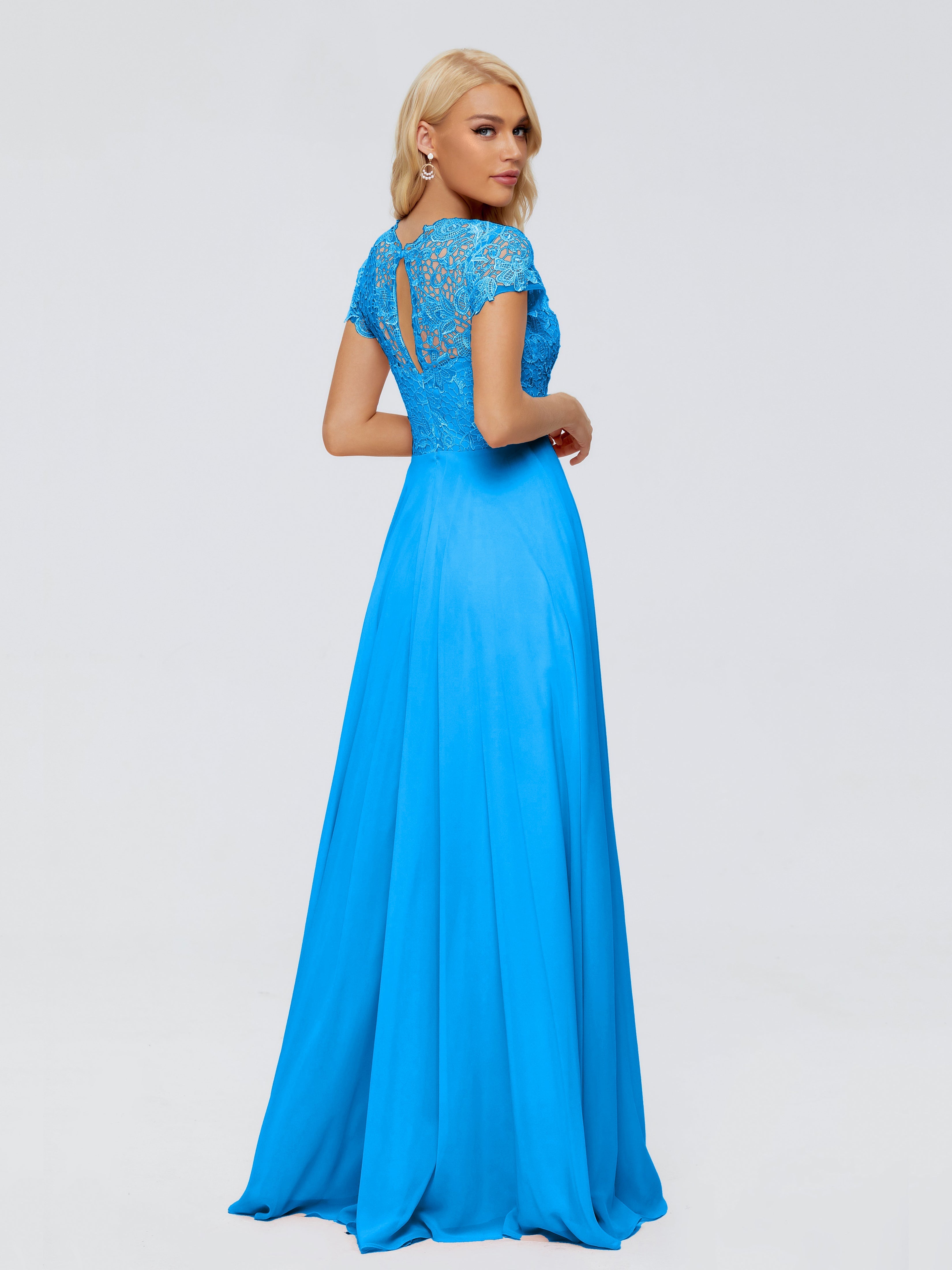 Robes De Demoiselle D'Honneur Bleu Océan A-ligne Encolure Dégagée Mousseline Robes Demoiselle D'Honneur