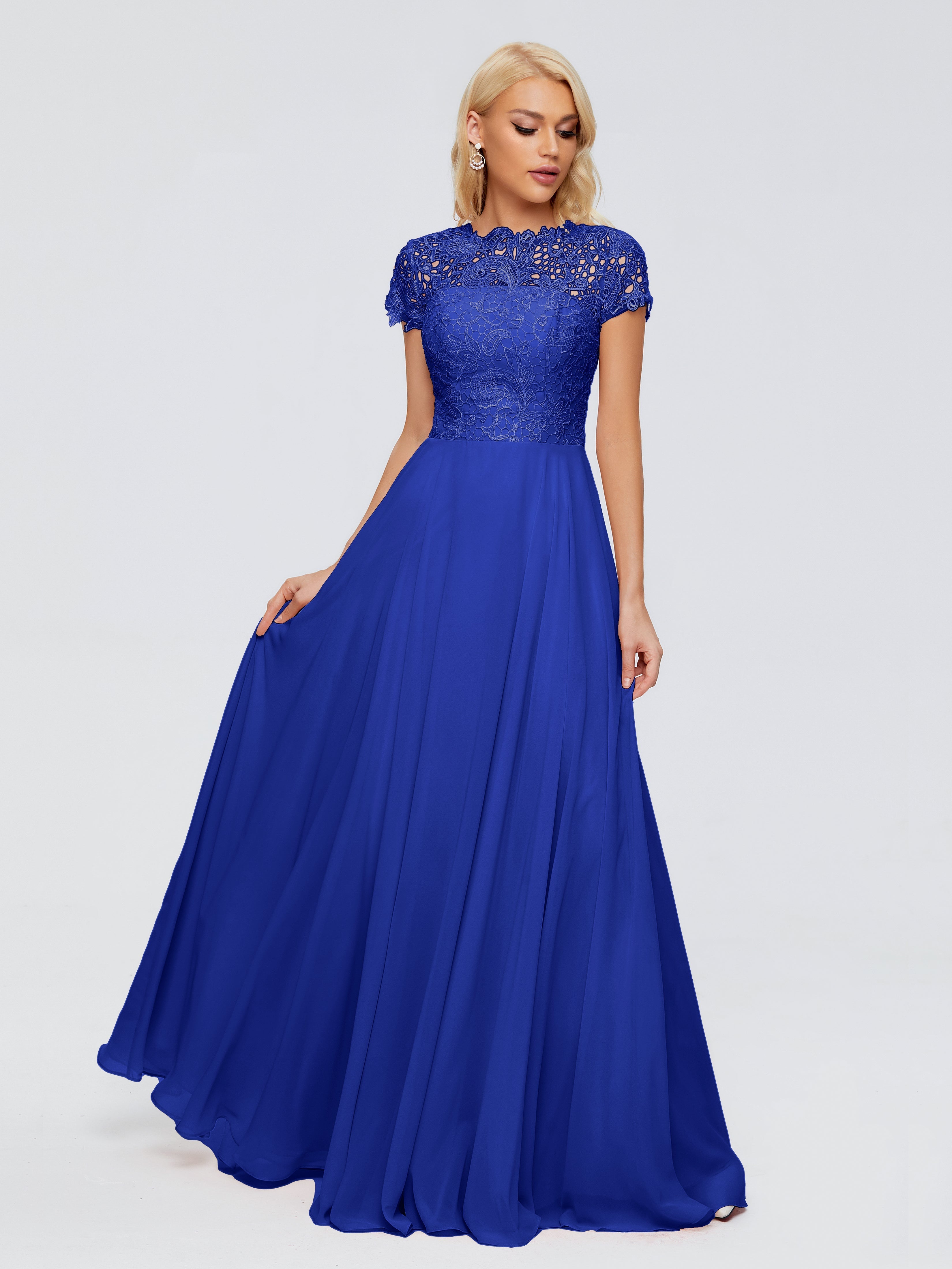 Robe Demoiselle D Honneur Bleue Roi Trapèze Encolure Dégagée Mousseline Robes Demoiselle D'Honneur