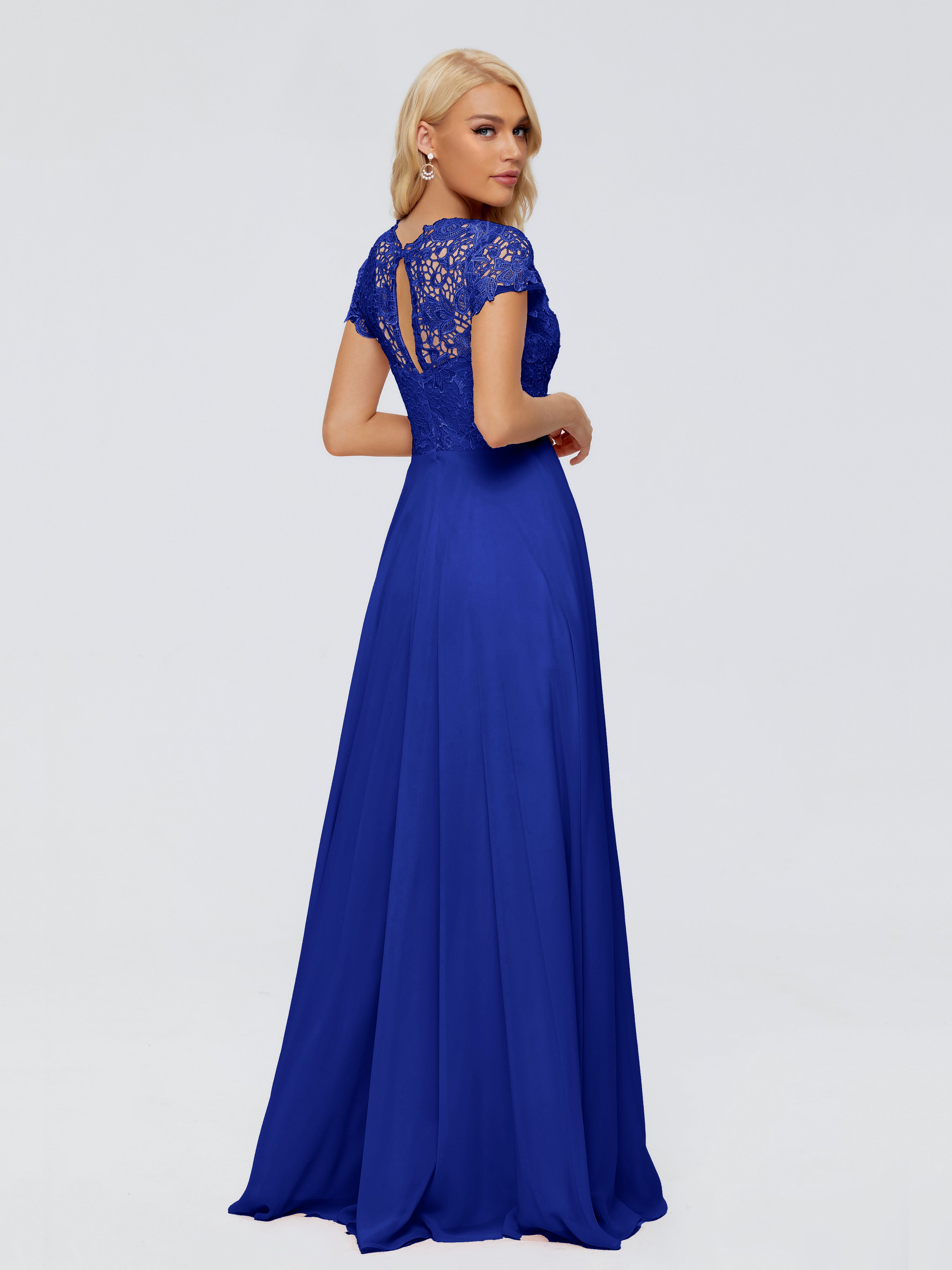 Robe Demoiselle D Honneur Bleue Roi Trapèze Encolure Dégagée Mousseline Robes Demoiselle D'Honneur