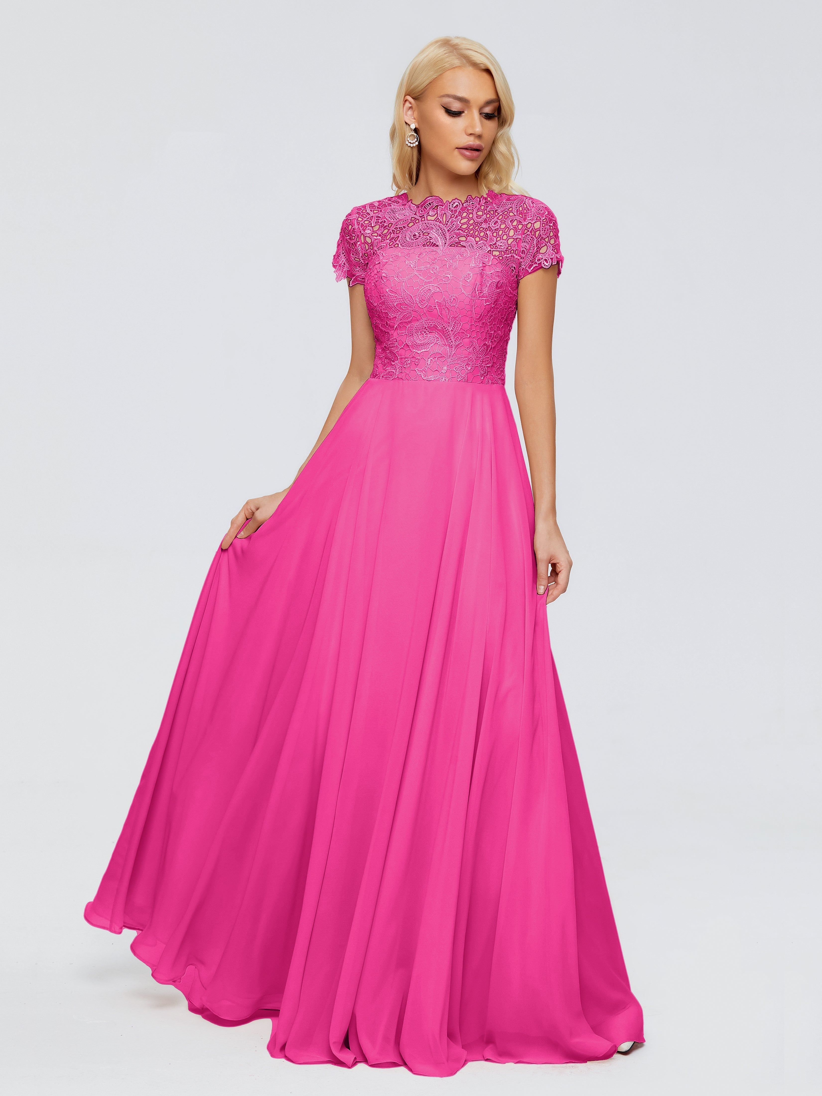 Robes De Demoiselle D'Honneur Rose Fuchsia Couleur Trapèze Encolure Dégagée Mousseline Robes Demoiselle D'Honneur