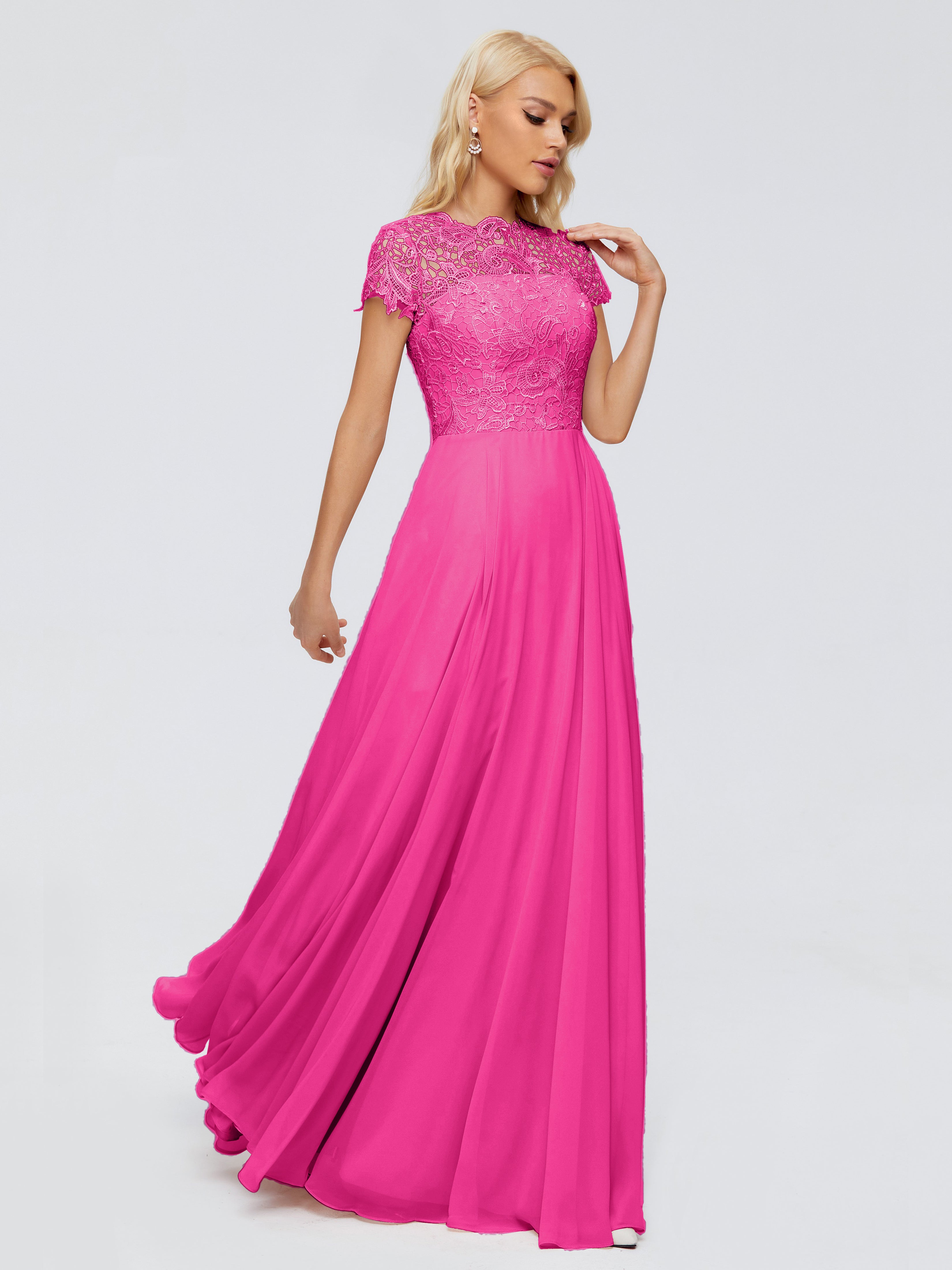 Robes De Demoiselle D'Honneur Rose Fuchsia Couleur Trapèze Encolure Dégagée Mousseline Robes Demoiselle D'Honneur