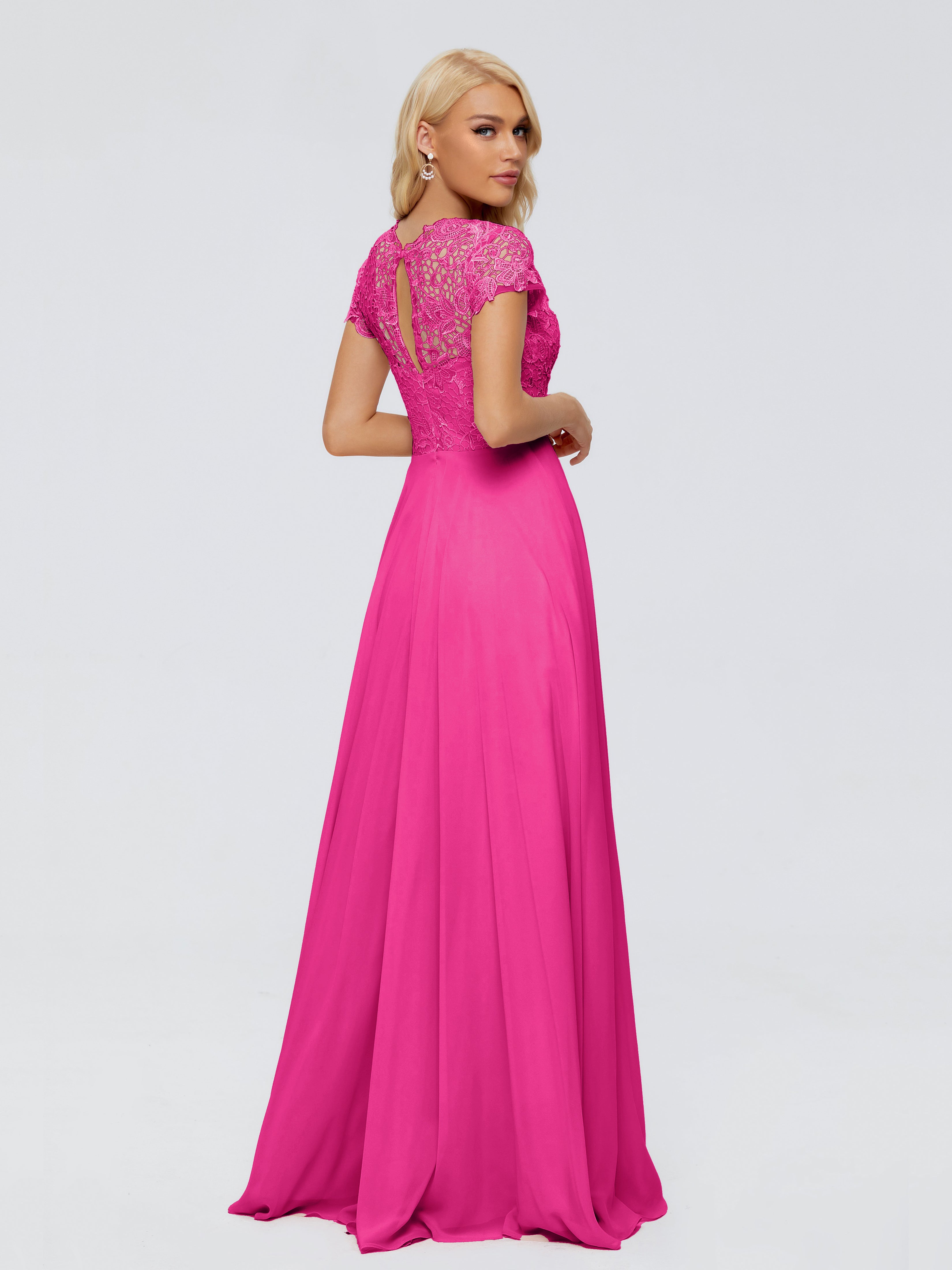 Robes De Demoiselle D'Honneur Rose Fuchsia Couleur Trapèze Encolure Dégagée Mousseline Robes Demoiselle D'Honneur