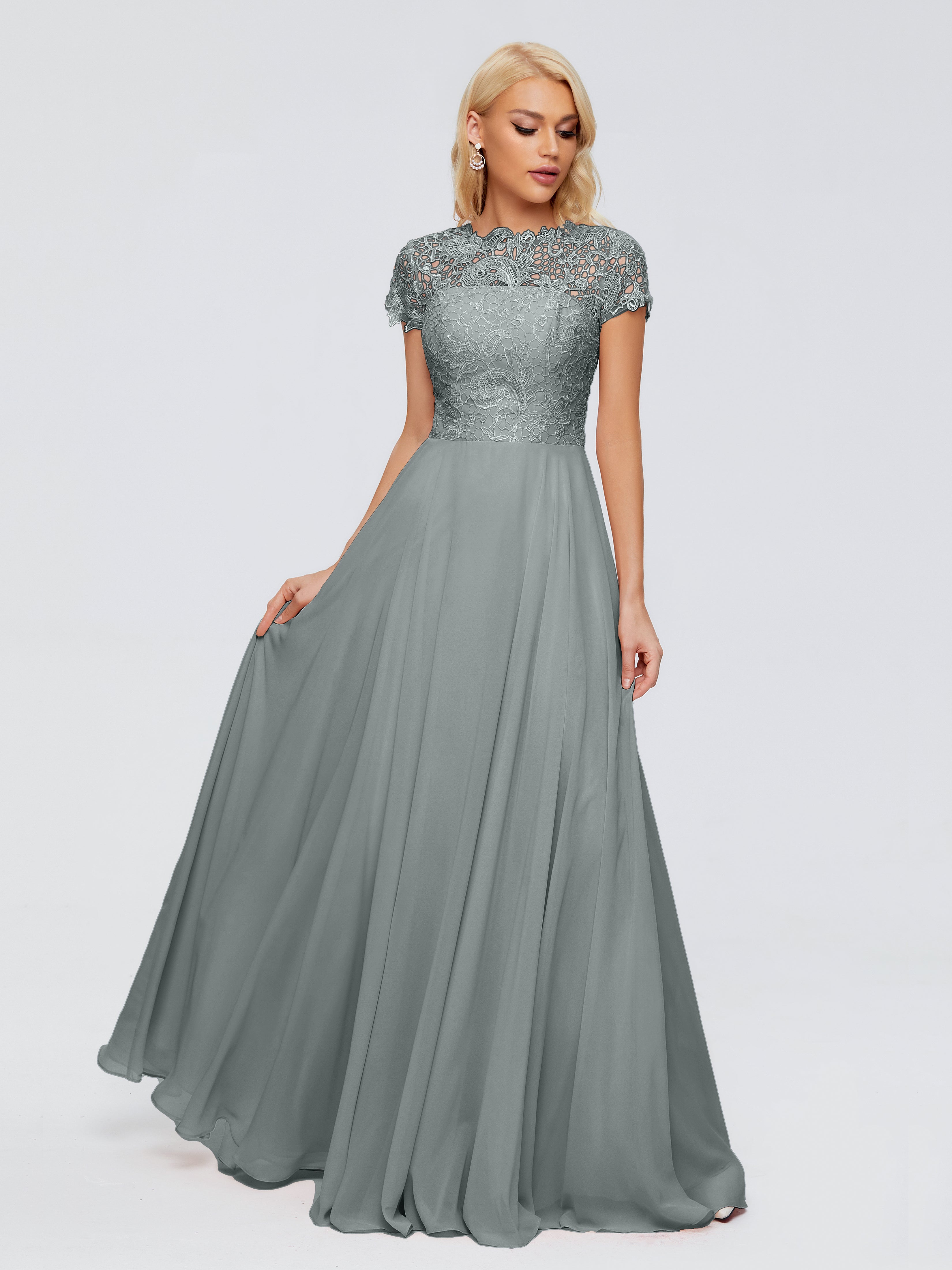 Robe Demoiselle D Honneur Grise Trapèze Encolure Dégagée Mousseline Robes Demoiselle D'Honneur