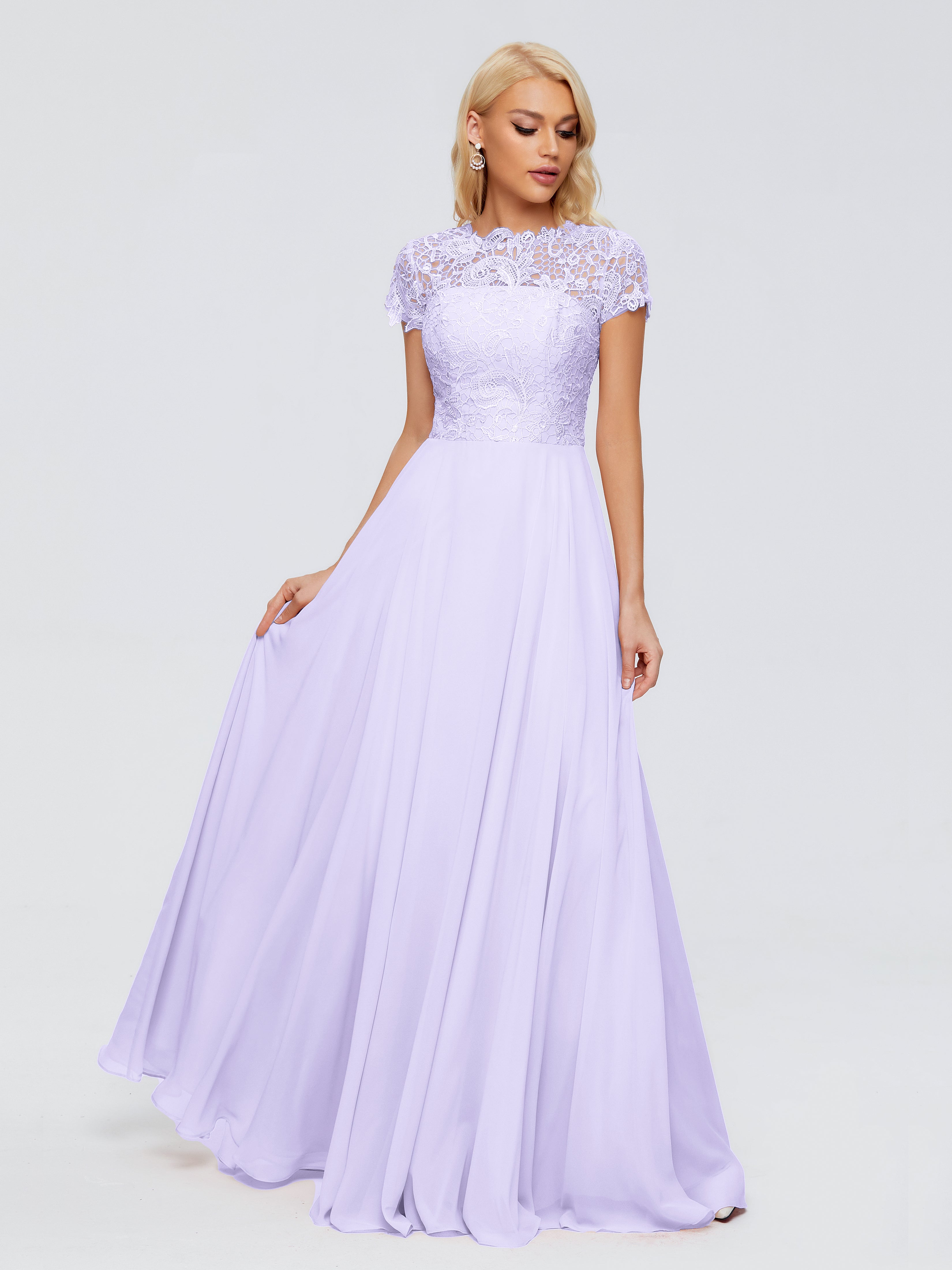 Robe Demoiselle D Honneur Lilas Trapèze Encolure Dégagée Mousseline Robes Demoiselle D'Honneur