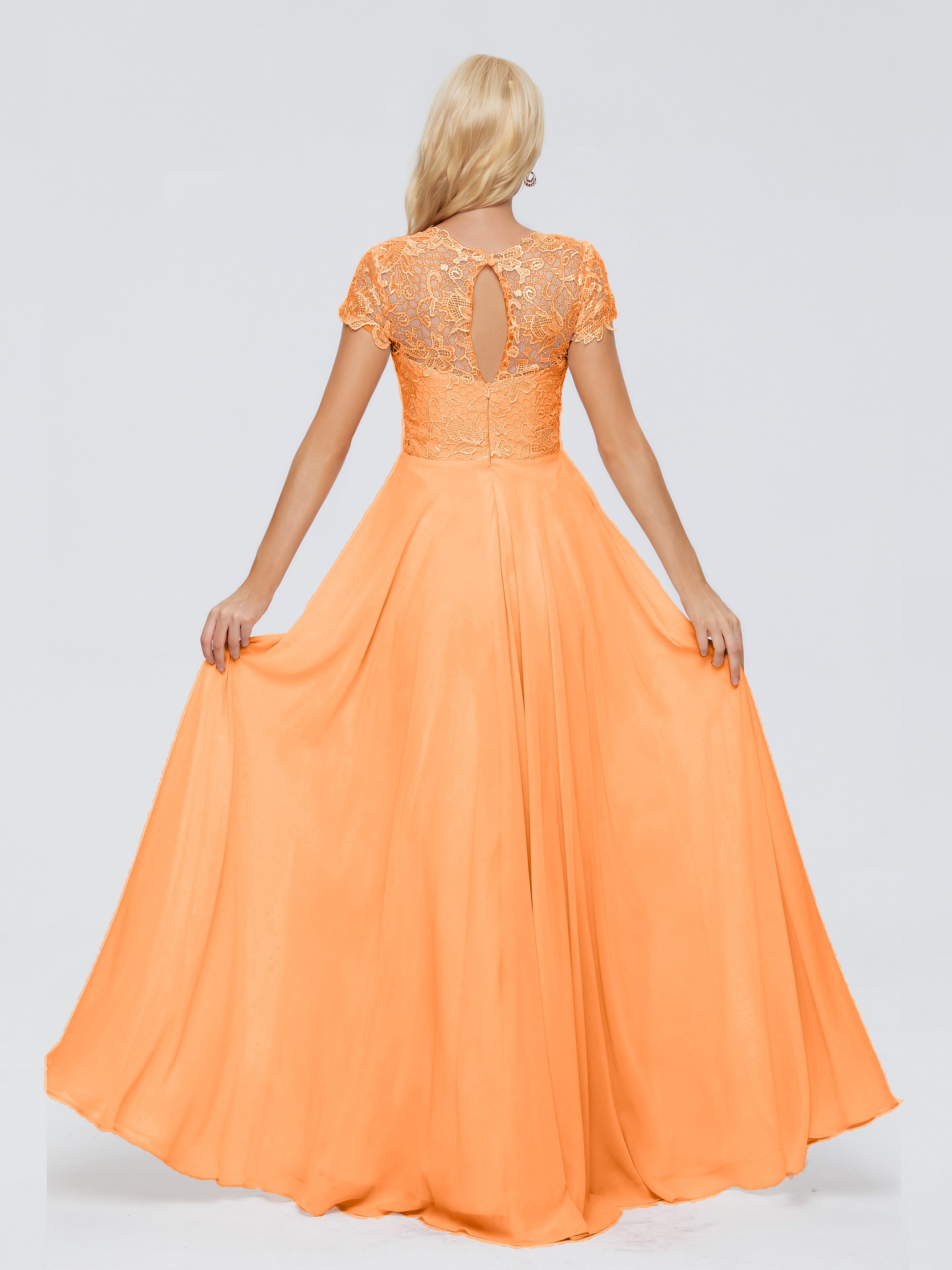 Robe Orange Demoiselle D Honneur Trapèze Encolure Dégagée Mousseline Robes Demoiselle D'Honneur