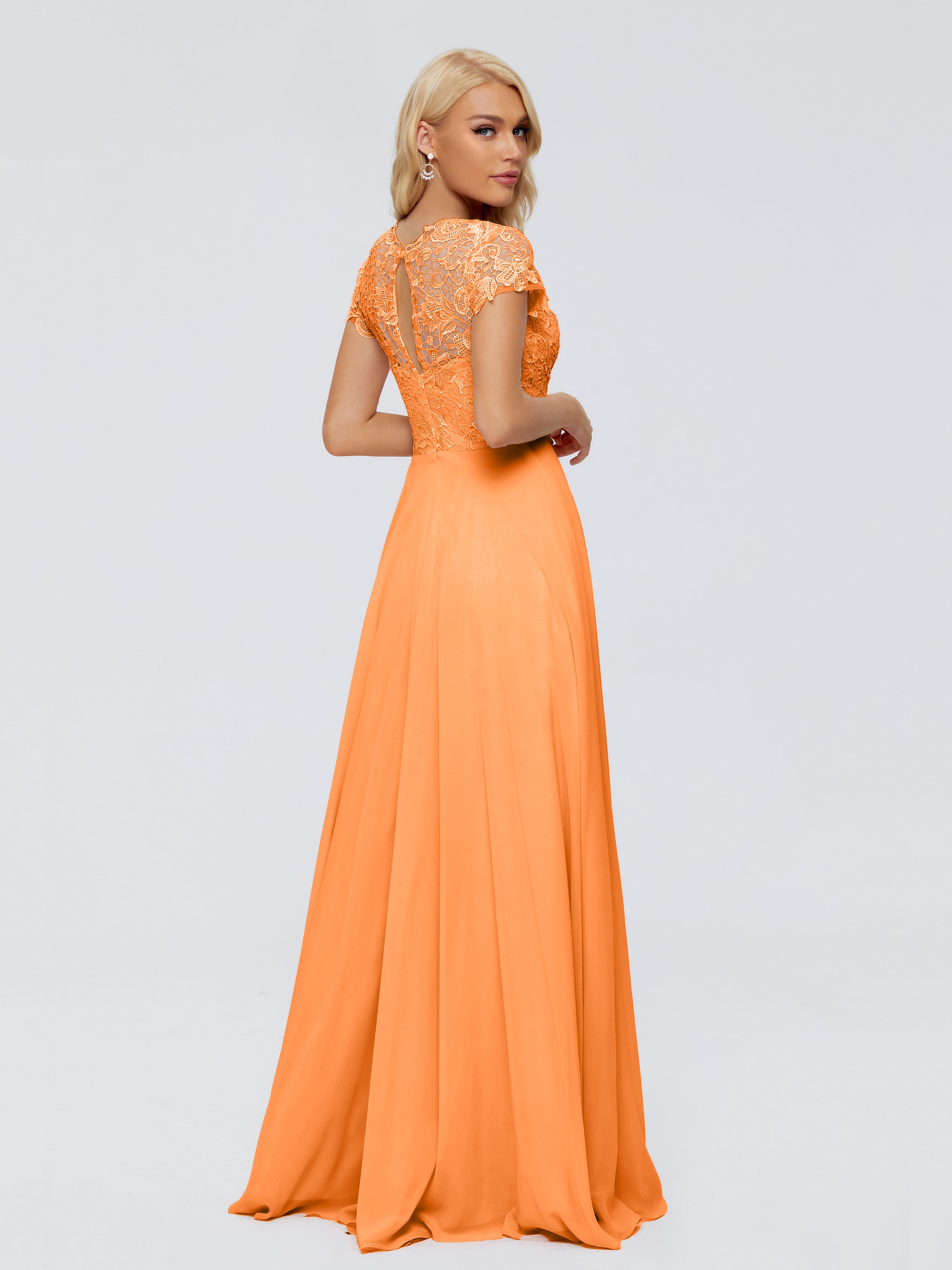 Robe Orange Demoiselle D Honneur Trapèze Encolure Dégagée Mousseline Robes Demoiselle D'Honneur