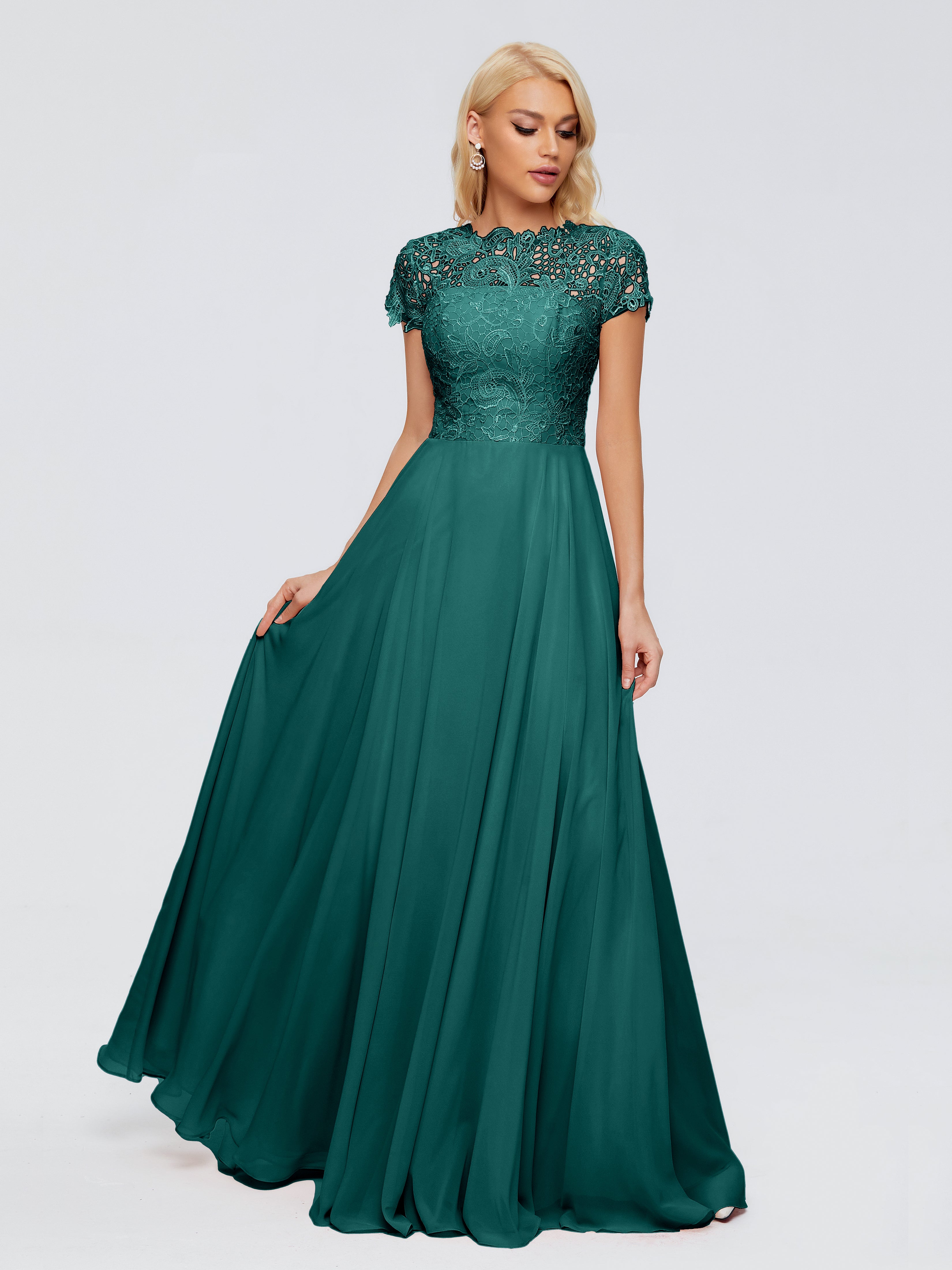 Robes De Demoiselle D'Honneur Bleu Paon Trapèze Encolure Dégagée Mousseline Robes Demoiselle D'Honneur