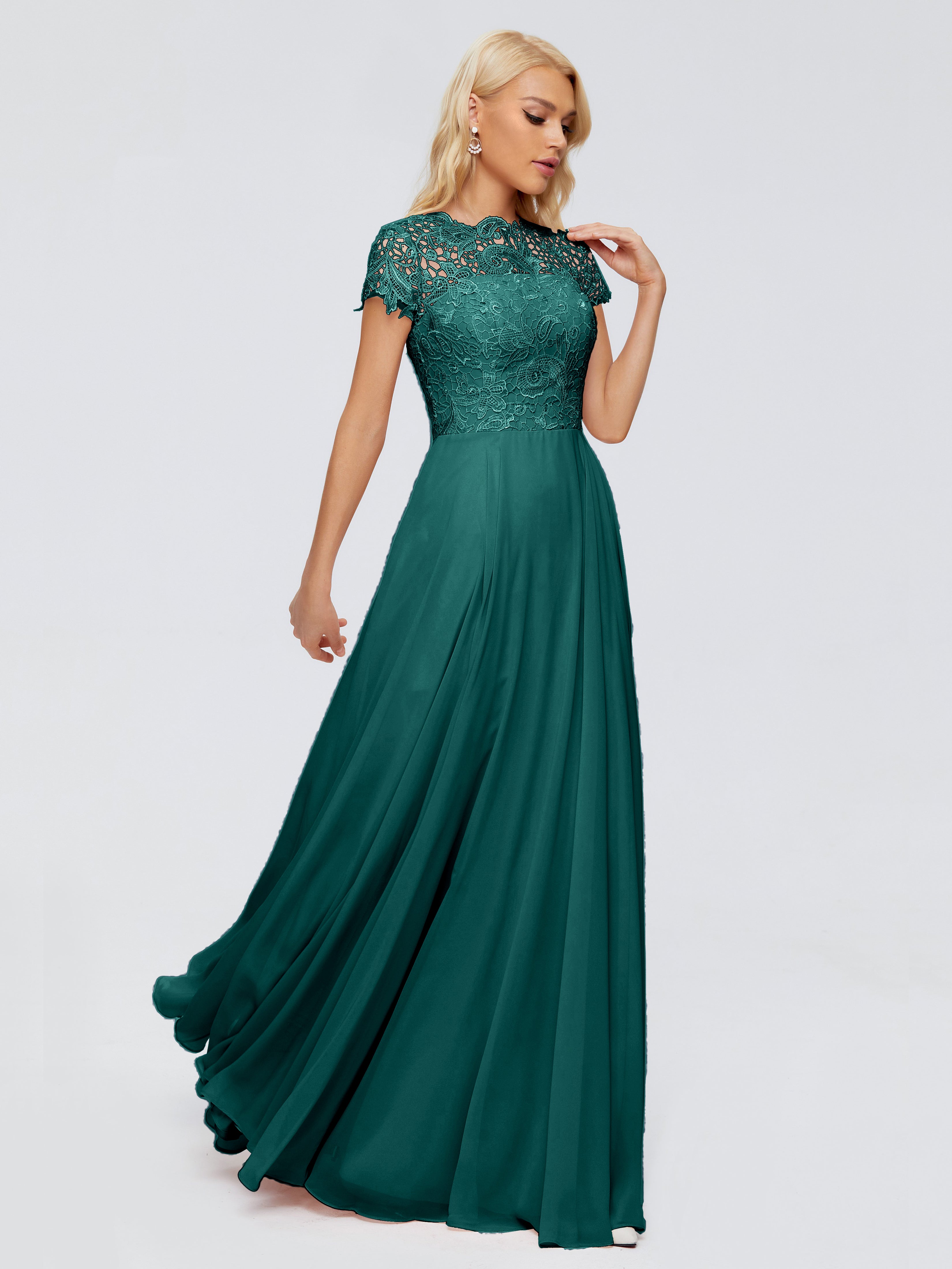 Robes De Demoiselle D'Honneur Bleu Paon Trapèze Encolure Dégagée Mousseline Robes Demoiselle D'Honneur