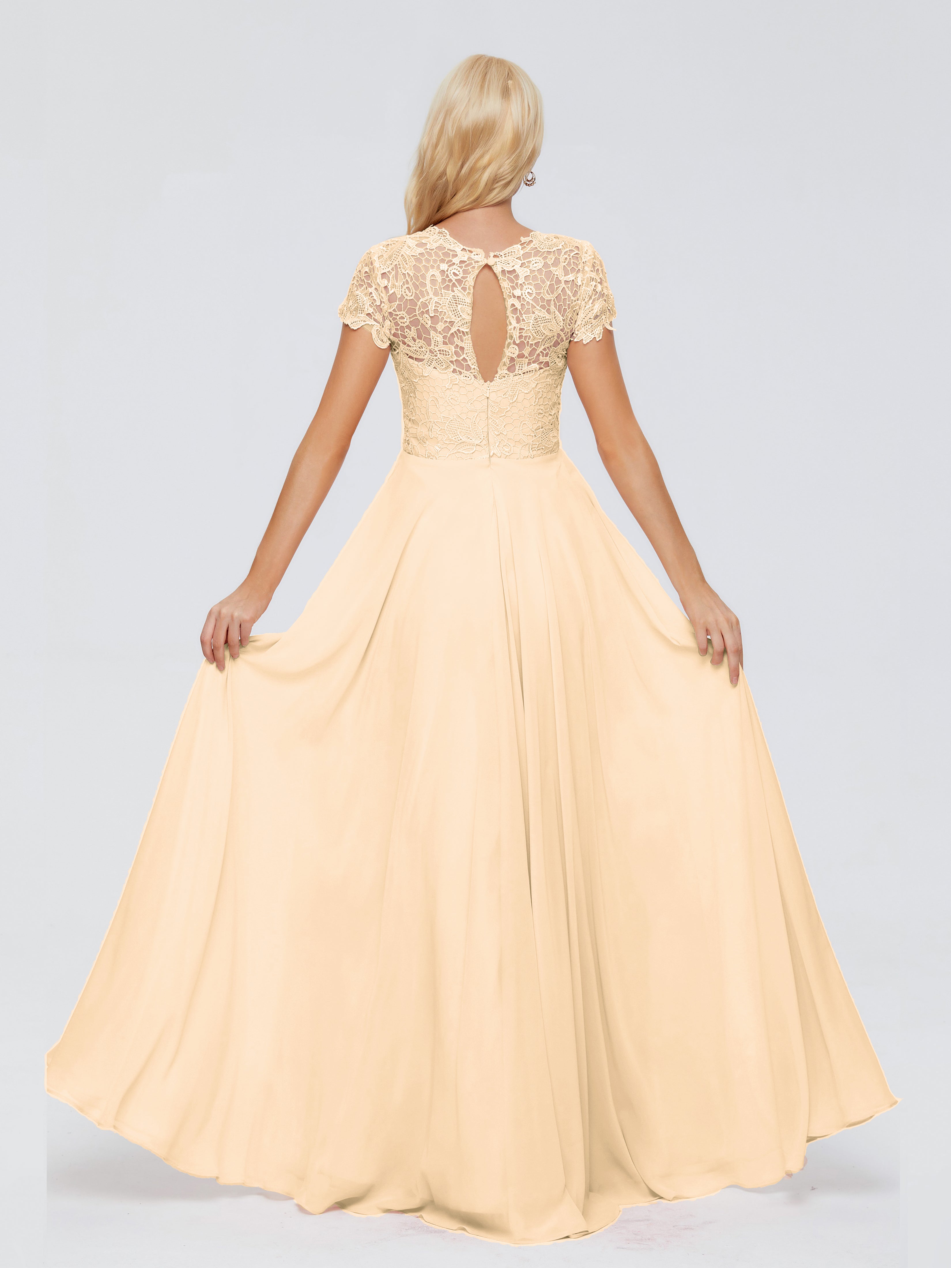 Robe Pêche Demoiselle D Honneur Trapèze Encolure Dégagée Mousseline Robes Demoiselle D'Honneur