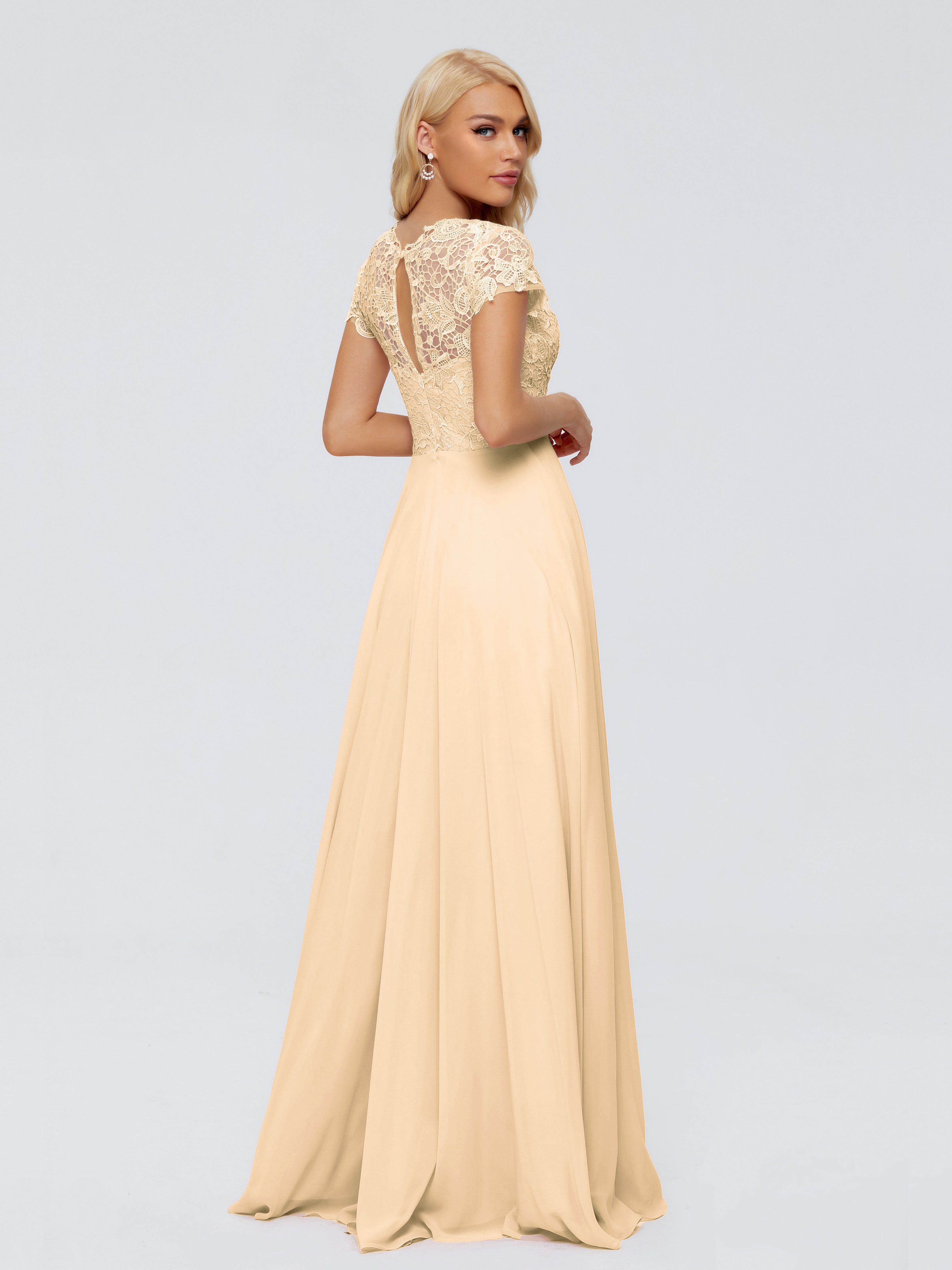 Robe Pêche Demoiselle D Honneur Trapèze Encolure Dégagée Mousseline Robes Demoiselle D'Honneur