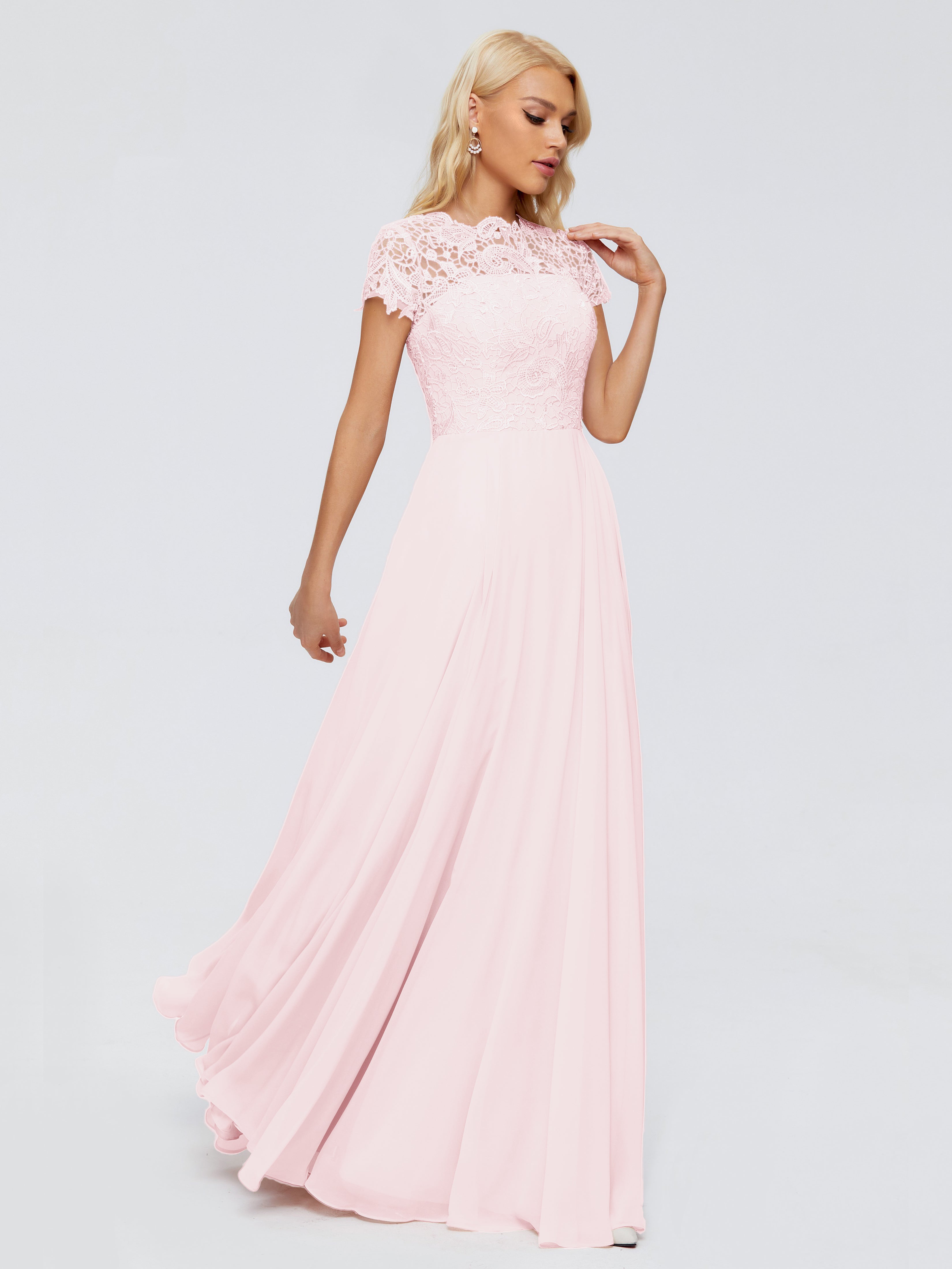 Rose Pale Robe Demoiselle D Honneur Trapèze Encolure Dégagée Mousseline Robes Demoiselle D'Honneur